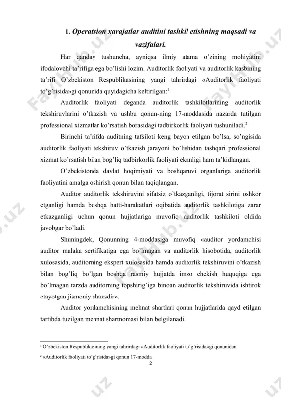 kshiruvini amalga oshirishda olingan ma’lumotlarni oshkor etmaslik majburiyati auditorning yordamchisiga nisbatan tadbiq etiladi. auditorning yordamchisi sifatida ishlangan vaqt auditor malaka sertifikatini olish uchun zarur bo’ladigan ish stajiga qo’shiladi. o’zbekistonda auditorlik faoliyati mustaqil yuridik shaxs huquqiga ega auditorlik tashkilotlari tomonidan amalga oshiriladi. qonunga ko’ra auditorlik tashkiloti auditorlik faoliyatini amalga oshirish litsenziyasiga ega bo’lgan yuridik shaxsdir. buxgalteriya hisobotlari buxgalteriya apparati, boshqa iqtisodiy xizmatlar va korxona bo’limlari, hamda ishlab chiqarish bo’linmalaridagi ko’p sonli xodimlarning uzoq davom etgan va mashaqqatli mehnatlari natijasi hisoblanadi. hisob axborotlari va ular asosida tuziladigan hisobotlarning ishonchliligi va sifati dastlabki hisobning qanday tashkil etilganligiga, hujjatlashtirish intizomining qanchalik mustahkamligiga va umuman korxona hisob siyosatining qay darajada malakali tuzilganligiga ko’p jihatdan bog’liq. buxgalterlik amaliyotini o’rganish shuni ko’rsatmoqdaki, ayrim korxonalarda buxgalterlar malakasi etishmasligi oqibatida dastlabki hujjatlarga ishlov berish, guruhlash va buxgalteriya hisobi schyotlarida to’g’ri (yoki butunlay) aks ettirmasdan (asosan pul va hisob-kitob muomalalari), ularni devonxona papkalarida saqlab qo’yish bilan cheklaniladi. natijada, hisobotlarni tuzishda …