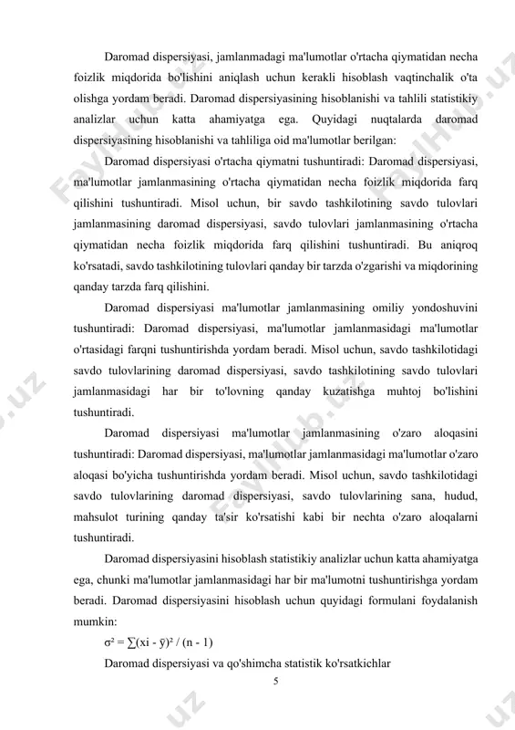 ulani foydalanish mumkin: σ² = ∑(xi - ȳ)² / (n - 1) daromad dispersiyasi va qo'shimcha statistik ko'rsatkichlar daromad dispersiyasi, statistikiy analizlar uchun muhim bir ko'rsatkichdir. bundan tashqari, qo'shimcha statistikiy ko'rsatkichlar ham daromad dispersiyasini tahlil etishga yordam beradi. quyidagi ko'rsatkichlar daromad dispersiyasi bilan birgalikda qo'llaniladi: variansiya: variansiya daromad dispersiyasining kvadrati sifatida ifodalangan statistikiy ko'rsatkichdir. variansiya jamlanmadagi ma'lumotlarning o'rtacha qiymatidan qanchalik uzoqda bo'lishini aniqlash uchun qo'llaniladi. standart chiziqlik: standart chiziqlik jamlanmadagi ma'lumotlarning o'rtacha qiymatidan qanchalik uzoqda bo'lishini ifodalashda qo'llaniladi. standart chiziqlik daromad dispersiyasining ildiziga teng bo'lgan statistikiy ko'rsatkichdir. koeffitsiyent dispersiyasi: koeffitsiyent dispersiyasi daromad dispersiyasini o'rtacha qiymatiga nisbatan ifodalaydi. koeffitsiyent dispersiyasi, jamlanmadagi ma'lumotlarning o'rtacha qiymatidan qanchalik uzoqda bo'lishini tushuntiradi va ma'lumotlar jamlanmasining o'lchov shkalasi bilan nisbatan solishtiriladi. daromad dispersiyasi va qo'shimcha statistikiy ko'rsatkichlar, jamlanmadagi ma'lumotlar o'rtacha qiymatidan necha foizlik miqdorda uzoqda bo'lishini va ma'lumotlar jamlanmasining omiliy yondoshuvini tushuntirishda muhim ahamiyatga ega. daromad taqsimotini tahlil qilishda ko'pincha ikkita choralar qo'llaniladi: jami daromad va …