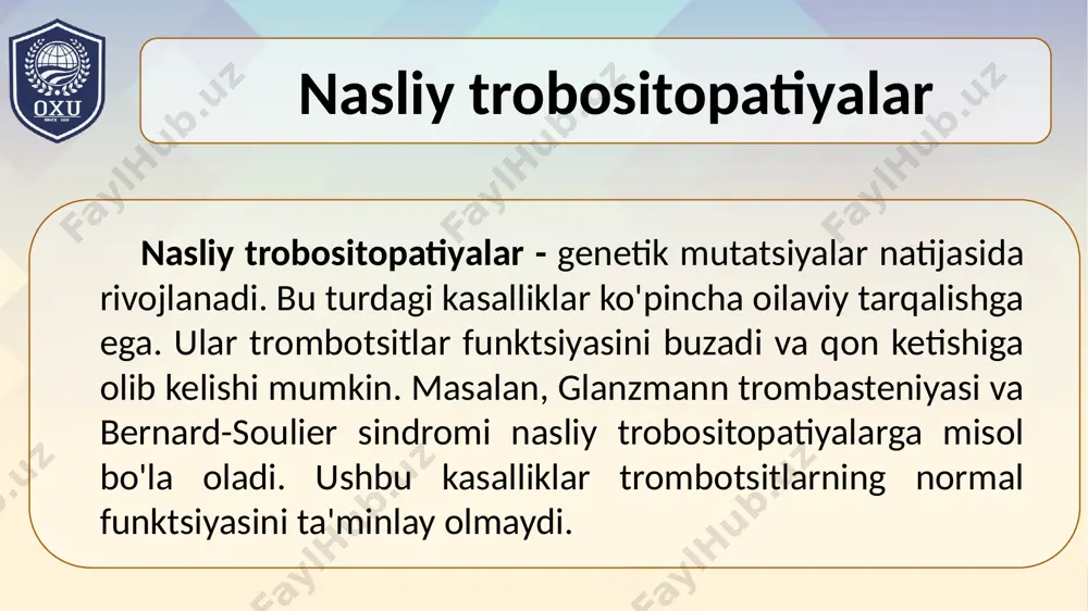 niy mashqlar, bemorlar uchun foydali bo'lishi mumkin. stressni kamaytirish sog'liqni saqlashga yordam beradi. bemorlar o'z hissiy holatini nazorat qilishlari kerak. trobositopatiyalar va stress ba'zi dorilar trombotsitlarning funktsiyasini buzishi mumkin. antikoagulyantlar, masalan, aspirin, trombotsitlarning yopishishini pasaytiradi. biroq, ushbu dorilarni qabul qilishda ehtiyotkorlik zarur, chunki ular qon ketishining ko'payishiga olib kelishi mumkin. bemorlar dori-darmonlarni qabul qilishdan oldin shifokor bilan maslahatlashishlari kerak. dori vositalarining ta'sirini tushunish muhimdir. trobositopatiyalar va dorilar trobositopatiyalar bilan og'rigan bemorlar uchun qon donorlari muhim ahamiyatga ega. qon o‘tkazish, ayniqsa, og‘ir holatlarda hayotni saqlab qolishi mumkin. bemorlar zarur hollarda qon olish uchun shifokor bilan maslahatlashishlari kerak. qon donorlari trombotsitlarni to'plashda yordam berishi mumkin. qon donorlari sog'lom va xavfsiz bo'lishi muhimdir. trobositopatiyalar va qon donorlari trobositopatiyalar bilan og'rigan bemorlar uchun reabilitatsiya muhimdir. jismoniy faoliyatni tiklash va kuchaytirish uchun reabilitatsiya dasturlari ishlab chiqilishi kerak. reabilitatsiya jarayoni bemorlarning hayot sifatini yaxshilashga yordam beradi. shuningdek, bemorlar uchun psixologik yordam ham muhimdir. reabilitatsiya jarayonida shifokorlar …
