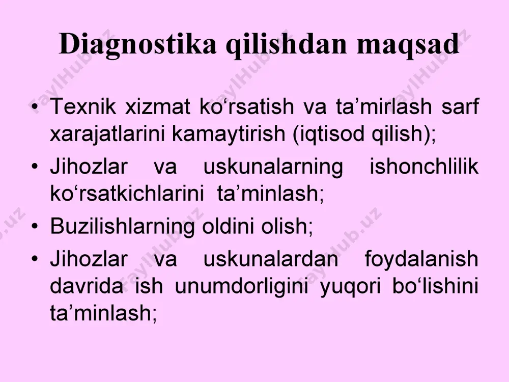 b qolishi; v) tik o‘qli nasos ishchi g‘ildiragining yeyilishi; g) muvozanatning buzilishi tufayli kuch uzatish tizimidagi shikastlanish; d) markazdan qochma nasoslarda parraklarning yeyilishi. nasos agregatlarini vibratsiyaga olib keluvchi sabablar pastki b’efda suv sathining tez o6zgarishi / so‘ruvchi quvurlarga suvning notekis kelishi natijasida past chastotali vibratsiya signallari paydo bo‘ladi. sababi nasos agregati qisman vibratsiya sharoitida ishlaydi. nasos agregatlarida sodir bo‘ladigan vibratsiya sabablari nasos ishchi vali va parragida muvoza- natning buzilishi suvning tarkibidagi oqiziqlarning va mexanik zarrachalarning ta’siri natijasida nasos ishchi yuzalarining kavitatsion va gidroabraziv yeyilishi, dars ketishi, sinishi, podshipnik o‘tirish joyining notekis yeyilishi. avankamera oldiga o‘rnatilgan panjaralar oldida oqiziqlarning to‘planib qolishi avankameraga suv o‘tishi qiyinlashganligi sababli suv sathining tushib ketishi va so‘rish quviri oldida o‘ramalarning hosil bo‘lishi, nasos ishchi kamerasiga havoning so‘rilishi, kavitatsiyaga olib keluvchi holatlar. bosimli quvurda vibratsiyaning sodir bo‘lishi bosimli quvirda gidravlik zarbalarning paydo bo‘lishi va nasos agregatlariga bu tebranishni uzatilishi nasos agregatlarni diagnostika qilish usullari кичик kichik diagnostika …