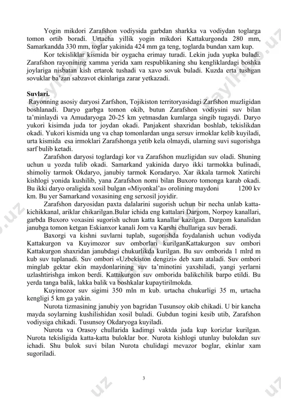 turadigan baland toglar yukligi uchun bu yerda iklim sharoiti keskinligi bilan ajratilib turadi. kishda arktika va sharkiy sibirdan keladigan sovuk xavo massalari tufayli bu yerlar juda sovib ketadi. vodiyda garbdan sharkka va pastdan yukoriga tomon xavo temperaturasi pasayib yoginlar mikdori ortib boradi. yanvarning urtacha temperaturasi 0-20. arktika xavosi kirib kelganda temperatura –240, -290 gacha tushishi mumkin.yozda xavo juda isiydi. iyul oyining urtacha temperaturasi 26-290 ga teng. maksimal temperatura +410, +450 gacha chikadi. zarafshon vodiysida yoz uzok davom etadi. yozda yogingarchilik bulmaydi. bulutsiz kunlar kup buladi. yozda tuprokdan nam kochadi, efemer usimliklarbutunlay kovjirab koladi. ayrim kurgokchilikka chidamli usimliklargina usishda davom etadi. baxoroxiri va yoz boshlarida, ayniksa tog yonbagirlarida, ba’zan jala kuyib, sel paydo buladi. buxoro voxasida mart, ba’zan aprel oylarida baxorgi kora sovuklar paydo buladi. bunday sovuklar gullab turgan mevalarga, yosh nixollarga zarar yetkazadi. kuz faslida xavo umuman ilik buladi. kupincha yoz oylaridagi kabi issik buladi. sharkidagi va janubi-sharkidagi toglarda kuz …