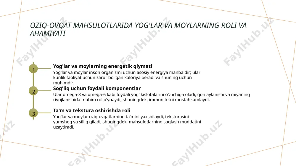 ksiya jarayoni doimiy tozalash va dezinfeksiya, yog'-moy ishlab chiqarish joylarida mikroblar va ifloslantiruvchilarni yo'q qilish uchun muhim, mahsulot sifatini oshiradi. 3 xodimlarning gigiena qoidalari ishlab chiqarishda xodimlar gigiena qoidalariga qat'iy amal qilishlari, shaxsiy gigiena va toza kiyim kiyish, mahsulot xavfsizligini ta'minlaydi. sifat nazorati va laboratoriya tekshiruvlari orqali yog'-moylarning sifatini ta'minlash 1 sifat nazorati jarayonlari - yog'-moylarning sifatini ta'minlashda sifat nazorati bosqichlari muhim. bu jarayonlar ishlab chiqarishdan tortib, paketlashgacha, qat'iy tekshiruvlarni o'z ichiga oladi. 2 laboratoriya tekshiruvlari - laboratoriya tekshiruvlari muhim bo‘lib, yog‘larning kimyoviy, mikrobiologik va fizik xususiyatlarini aniqlash uchun keng qo‘llaniladi. bu xavfsizlikni ta’minlaydi. 3 sifat standartlari - sifat standartlari yog' va moylarning tarkibi, eruvchanligi va saqlash shartlarini belgilaydi. ushbu standartlarga muvofiqlik mahsulot sifatini kafolatlaydi. 4 texnologik monitoring - zamonaviy texnologiyalar yordamida ishlab chiqarish jarayonlari doimiy nazorat qilinadi. bu sifatni yuqori darajada saqlash va ishlab chiqarishni optimallashtirish imkonini beradi. zamonaviy texnologiyalar yordamida yog'-moy ishlab chiqarishni optimallashtirish 1 zamonaviy texnologiyalar ta'siri …