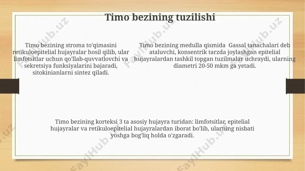 iy bezlar (tuxumdon va moyak) tomonidan ishlab chiqarilgan gormonlar (estrogen, progesteron, testosteron) buyrak usti bezlari tomonidan chiqariladigan kortizol bilan 2-3 xil o'zaro ta'sir mexanizmlariga ega. gipotizning gistologiyasi gipotiz follikulalarining kolloid tarkibida tireoglobulin oqsili mavjud bo'lib, u tiroksin (t4) va triyodtironin (t3) gormonlarining prekursori hisoblanadi. parafollikulyar yoki c-hujayralar gipotiz follikulalari orasida joylashgan va kalsitonin gormonini ishlab chiqaradi, bu qondagi kaltsiy darajasini tartibga soladi. parafollikulyar yoki c-hujayralar gipotiz follikulalari orasida joylashgan va kalsitonin gormonini ishlab chiqaradi, bu qondagi kaltsiy darajasini tartibga soladi. adrenalli bezlarning mikroskopik tuzilishi buyrak usti bezlari medullasi xromofin hujayralarining katta guruhlarini o'z ichiga oladi, ular katekolaminlar (adrenalin va noradrenalin) ishlab chiqaradi va xromatin miqdori jihatidan xromofob hujayralardan farqlanadi. buyrak usti bezlari korteksining uchta qatlami – glomerulyar, fasikulyar va retikulyar – har biri o'ziga xos sitoarxitektura va gormon ishlab chiqarish xususiyatlariga ega bo'lib, hujayralar hajmi va joylashishi jihatidan farqlanadi. korteks va medulla o'rtasida aniq chegarasi bo'lmagan zona intermedia mavjud bo'lib, …
