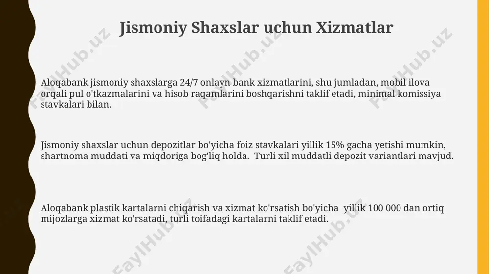 irish tezligini 5 martaga oshirdi. aloqabank, 2023-yilda mijozlarga xizmat ko'rsatishda ai texnologiyalaridan foydalanishni 30% ga oshirdi, bu esa operatsiyalar tezligini va xatoliklar sonini kamaytirdi. bankning mobil bank ilovasida 1 milliondan ortiq faol foydalanuvchi ro'yxatdan o'tgan bo'lib, ularga 24/7 onlayn bank xizmatlaridan foydalanish imkoniyatini taqdim etadi. aloqabankning xizmatlari va mahsulotlari aloqabankning mobil ilovasi orqali mijozlar 24/7 hisob raqamlarini boshqarishi, pul o'tkazmalari amalga oshirishi va turli xil to'lovlarni bevosita amalga oshirishlari mumkin. bankning "aloqa-biznes" dasturi kichik va o'rta biznes sub'ektlariga 30 million so'mgacha bo'lgan mikrokreditlarni, yillik 18% gacha bo'lgan foiz stavkalari bilan taklif etadi. aloqabank, 100 dan ortiq filiallari orqali, jismoniy va yuridik shaxslarga kreditlar, depozitlar, pul o'tkazmalari va to'lov kartalari kabi keng qamrovli moliyaviy xizmatlarni taqdim etadi. xavfsizlik va himoya choralari aloqabank mijozlarining shaxsiy ma'lumotlarini himoya qilish uchun 256-bitli aes shifrlash texnologiyasidan foydalanadi, bu esa noqonuniy kirishdan ishonchli himoya qiladi. aloqabank mobil ilovasi biometrik autentifikatsiya (barmoq izi va yuz skanerlash) imkoniyatlarini …