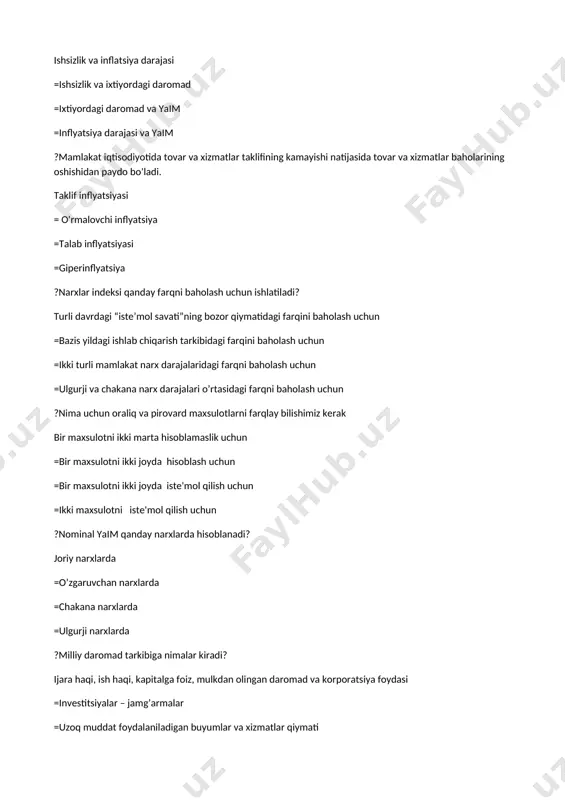 tlar ko`rsatkichi ?real yim qanday xisjblanadi? nominal yaim/deflyator x 100% =nominal yim x deflyator =deflyator /nominal yim x 100% =deflyator - nominal yim ?ixtiyordagi daromad o`z navbatida qanday ko`rsatkichlarga bo`linadi? iste’mol va jamg`arishga =iste’mol va xarajatlarga =turli jamg`armalarga =daromad va xarajatlarga ?ixtiyordagi daromad qanday hisoblanadi? shaxsiy daromad -(minus) individual soliqlar =yaim - biznisga egri soliqlar =yaim – amortizasiya =md-transfertlar ?ixtiyordagi daromad quyidagicha topiladi shaxsiy daromad minus individual soliqlar =shaxsiy daromad minus transfertlar =shaxsiy daromad plyus transfertlar =shaxsiy daromad plyus soliqlar ?ixtiyordagi daromadni berilgan darajasida jamg’arma va iste’molga me’yoriy moyillik miqdorlarning yig’indisi ... 100 % ga teng =10 %ga teng =0 ga teng =1000 ga teng ?yaim ning tarkibiga nimalar qo’shilmaydi? davlat tranfert to’lovlari, xususiy transfert tulovlari, qimmatli qog’ozlar oldig-sotdisi jarayonidagi xarajatlar, ishlatilgan buyumlar. =xususiy transfert tulovlari, qimmatli qog’ozlar oldig’sotdisi jarayonidagi xarajatlar, ishlatilgan buyumlar. =davlat tranfert to’lovlari, xususiy transfert tulovlari, qimmatli qog’ozlar oldig’sotdisi jarayonidagi xarajatlar. =davlat tranfert to’lovlari, qimmatli qog’ozlar oldig’sotdisi …