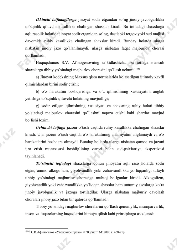 uchun tushunarli shaklda va o`z ruhiy holatlari hisobga olgan holda ma`lumot olish; 3) 3) tibbiy zaruratga ko`ra davolashning barcha turlaridan foydalanish ; 4) 4) sanitariya-gigiyena talablariga javob beradigan sharoitlarda psixiatriya yordami ko`rsatilishi; 5) 5) tibbiy vositalar va usullarni sinash, ilmiy tadqiqotlar va o`quv jarayoni obyekti tariqasida foydalanishga, foto, video yoki kinosuratga olinishiga oldindandan rozilik berish va istalgan bosqichda undan voz kechish; 6) 6) o`zlarining talablariga binoan psixiatriya yordami ko`rsatishda ishtirok etayotgan istalgan mutaxassisni, ushbu qonun bilan tartibga solinadigan masalalar yuzasidan tibbiy komissiyada ishlash uchun taklif etish; 7) 7) qonun hujjatlarida belgilangan tartibda advokat, qonuniy vakil yoki boshqa shaxsning yordamini olish huquqiga egadirlar. tibbiy yo`sindagi majburlov choralari quyidagi maqsadlarni ko`zlaydi: 1) 1) ruhiy kasallikka chalingan shaxslar tomonidan yangi ijtimoiy xavfli qilmish sodir etilishining oldindani olish; 2) 2) ruhiy kasallikka chalinganlarni davolash yoki ularning ruhiy holatini yaxshilash; 3) 3) alkogolizm, giyohvandlik yoki zaharvandlikka yo`liqqan shaxslarga nisbatan davolash va jazolashning maqsadiga erishishga ko`maklashuvchi …