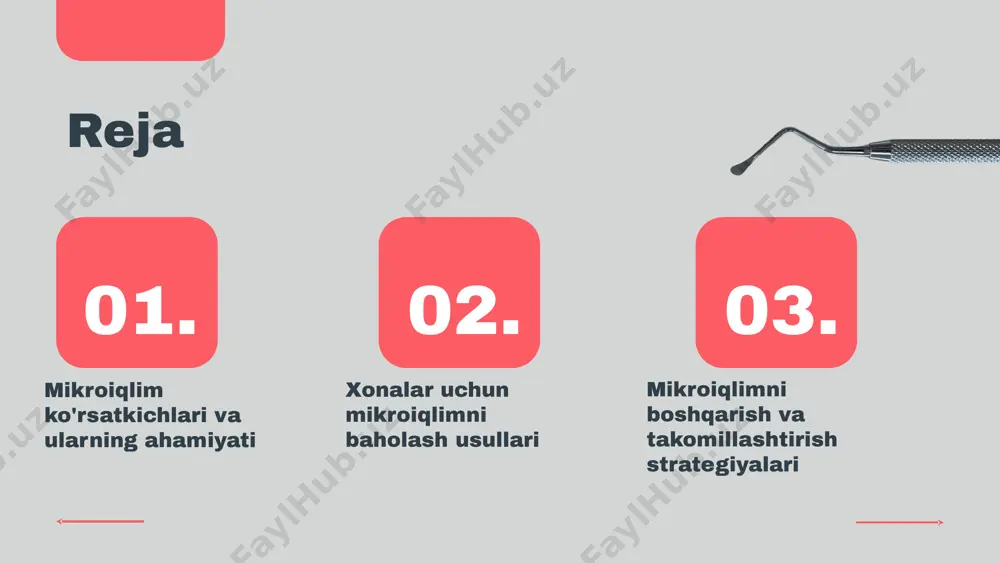 adi. s 0 w t mikroiqlimni baholash usullari muhim tadqiqot jarayonidir. bu usullar atrof-muhitning kichik o'zgarishlarini aniqlashga yordam beradi. - **tanlangan usullar va ularning afzalliklari**: - statistik usullar: tez va samarali ma'lumot tahlili imkonini beradi. - model asosidagi baholash: kelajakdagi o'zgarishlarni prognoz qilishda foydalidir. - maydon o'lchovlari: haqiqiy sharoitlarni aks ettiradi. - **baholash jarayonida qo'llaniladigan asosiy o'lchovlar**: - temperaturani o'lchash. - namlik darajasi. - shamol tezligi. - **usullarni tanlashda e'tiborga olinadigan omillar**: - mavjud ma'lumotlar. - moliyaviy resurslar. - tadqiqot maqsadlari. mikroiqlim baholash usullari mikroiqlimni o'lchash texnologiyalari mikroiqlimni o'lchashda termometrlar, barometrlar va namlik o'lchagichlar muhim. ular fizikaviy xususiyatlarga asoslangan o'lchovlar amalga oshiradi. zamonaviy sensorlar va avtomatlashtirilgan tizimlar real vaqt rejimida ma'lumotlarni yig'ishda samaradorlikni oshiradi. ular masofadan monitoring qilish imkoniyatini beradi. o'lchash asboblari innovatsion texnologiyalar mikroiqlimni baholash metodologiyalari keng o'lchovlar asosida baholash metodlari mikroiqlimni baholashda quyidagi keng o'lchovlar asosida foydalaniladigan metodlar mavjud: 1. statistik usullar - ma'lumotlarni to'plab, ularni tahlil qilish. …