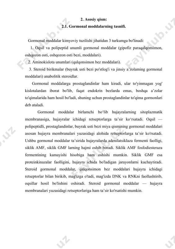 bez yetarli ishlamaganda, organizmni yogʻ bosganda, nevrozdaqoʻllanadi. qalqonsimon bez oldi bezlarining gormonal preparatlari — paratireoidin tetaniya, spazmofiliya, allergik kasalliklarga davo qilishda buyuriladi. meʼda osti bezining gormonal preparatlari — insulin va uning preparatlari, shuningdek, sintetik preparatlar — butamid, xlorpromazin qandli diabetga, lipokain esa jigar kasalliklari, ateroskleroz va boshqa kasalliklarga davo boʻladi. buyrak usti bezlari poʻstloq qavatining gormonal preparatlari — kortizon, gidrokortizon, dezoksikortikosteron, shuningdek, sintetik gormonal preparatlar — prednizolon, deksametazon, sinalar va b. (kortizon bilan gidrokortizonning analoglari) revmatizm, infeksion poliartrit, bronxiol astma, infeksion mononukleoz, neyrodermit, ekzema va boshqa teri kasalliklari, addison kasalligi, buyrak usti bezlari poʻstloq qavatida gormonlarning yetarli ishlanib chiqmasligi, gemolitik anemiya, glomerulonefrit, oʻtkir pankreatit va boshqa kasalliklarni davolashda qoʻllanadi. ayol jinsiy gormonlarining gormonal preparatlari 2 xil: estrogen gormonal preparatlar — follikulin yoki estron, estradioldipropionat, etilestradiol, sinestrol, dietilstilbestrol, dimestrol, oktestrol, sigetin tuxumdonlar faoliyati susayganda yoki butunlay gormon chiqarmaganda, tugʻruq dardi va toʻlgʻoq yaxshi tutmaganda, ayolning koʻkragidan sut kelmay qolganda, shuningdek, erkak …