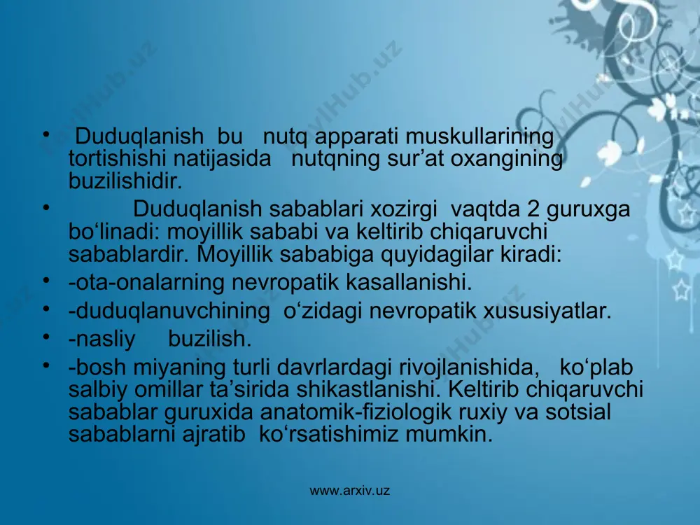 tildagi duduqlanishni keltirib chiqaradi. duduqlanuvchilarga taqlid qilish, bunday ruxiy induksiya ikkita shaklga ajraladi: sust-bola duduqlanadigan kishining nutqini tinglab beixtiyor duduqlana boshlaydi, u faol duduq kishiga taqlid qiladi, chapaqaylikdan o‘naqaylikka o‘rgatish. www.arxiv.uz www.arxiv.uz doimo eslatish, tartibga chaqirish bolaning oliy nerv faoliyatini izdan chiqarish va duduqlanishni keltirib chiqarish bilan birga nevratik va psixopatik xolatlarga olib kelishi mumkin; o‘qituvchiining bolaga noto‘g‘ri munosabatda bo‘lishi, xaddan ortiq qattiqqo‘llik, shafqatsizlik duduqlanishning yuzaga kelishi uchun turtki bo‘lib xizmat qilishi mumkin. xozirgi davrda duduqlanishning alomatlarini bir-biriga o‘zaro yaqin bo‘lgan ikkita guruxi ajratiladi; biologik (fiziologik) va sotsial (psixologik). fiziologik alomatlariga ko‘ra nutqning xosil bo‘lishida ishtirok etuvchi a’zolarining tortishishi, markaziy nerv sistemasi va jismoniy salomatligining, umumiy va nutq harakatlarining buzilishi kiradi. psixik alomatlarga nutqda tutulish va xis-xayajonli nutqning boshqa buzilishlari nutqda qayd qilish fenomeni, logofobiyalar, nayrang ishlatish va boshqa ruxiy jixatlar kiradi. www.arxiv.uz www.arxiv.uz www.arxiv.uz www.arxiv.uz nutq akti jarayonidagi muskul tortishish 3 xil bo‘ladi; klonik, tonik va aralash. duduqlanish tutib …
