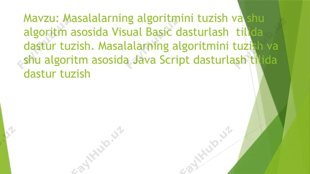 1998 yilda reliz kelishdi. microsoftdan voris visual basic .net 2002 yilda paydo bo`ldi. qulayligi jihatdan bowqa dasturlash tillaridan farq qiladi. tushunishga oson. 2022 yil dekabr oyida eng yaxshi 10 ta reyting quyidagicha ko’rinadi: java va javascript dasturlash tillarining nomi, sintaksisi va standart kutubxonalari oʻxshash boʻlsa-da, ular bir-biridan sezilarli darajada farqlanadi. javascript (talaffuzi: /ˈdʒɑːvəskrɪpt/; qisqartmasi: js /ˈdʒeɪ.ɛs./) yuqori pogʻonali dasturlash tilidir. 1995-yilda amerikalik dasturchi brendan eich tomonidan yaratilgan. javascript tili barcha asosiy brauzerlar tomonidan ishlatiladi. javascript kodlarni ketma-ketlik tartibida o'qiydi va ularni bajaradi. xatolik chiqqan qatorgachon kodlarni bajaradi, xatolik chiqqan joydan boshlab xatolik beradi. javascript kodlarni ketma-ketlik tartibida o'qiydi va ularni bajaradi. xatolik chiqqan qatorgachon kodlarni bajaradi, xatolik chiqqan joydan boshlab xatolik beradi. javascript da java dasturlash tilidan farq qilib, sinf (klass) tushunchasi bu tilning asosiy sintaktik qurilmasi hisoblanmaydi. etiboringiz uchun raxmat. image1.png image2.png image3.png image4.png image5.png image6.png image7.png image8.png /docprops/thumbnail.jpeg