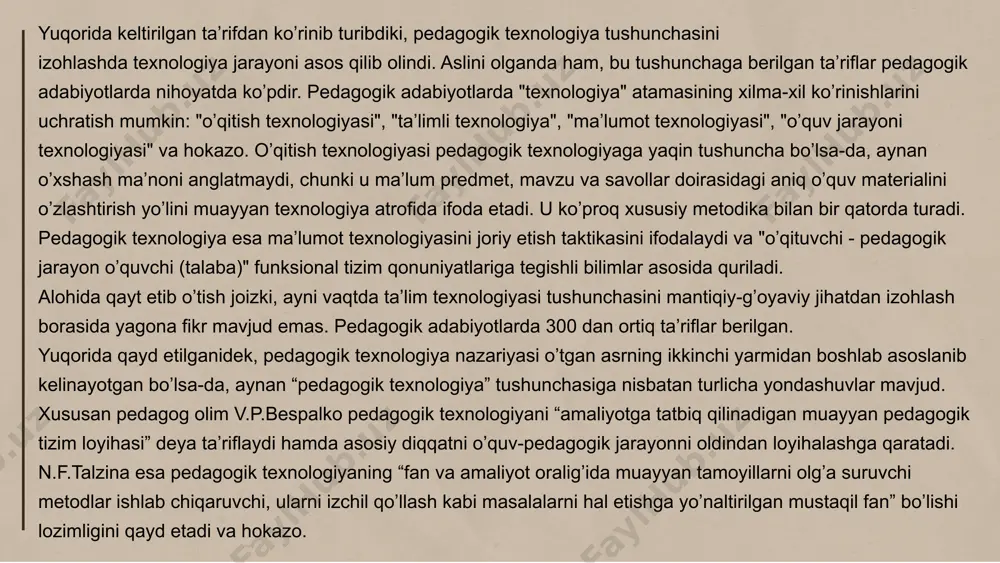 (tarbiya) vositalari yordamida o’quvchilarga muayyan sharoit va izchillikda ta’sir ko’rsatish hamda mazkur faoliyatning mahsuli sifatida ularda oldindan belgilangan sifatlarni shakllantirish jarayoni (n.saidahmedov). yuqorida keltirilgan ayrim ta’riflarning o’zaro har xilligidan ko’rinadiki, pedagogik texnologiya tushunchasi ko’p qirrali bo’lib, unga pedagogik, psixologik, didaktik, tashkiliy, iqtisodiy, ijtimoiy, ekologik va boshqa nuqtai nazalardan yondashish mumkin. pedagogik texnologiya-axborotlarni o’zlashtirish, ulardan amalda foydalanish, ulardagi yangi ma’no-mazmunlarni hamda axborotlar orasidagi turli bog’liqliklarni ochish orqali yangi axborotlar yaratishga o’rgatish jarayonidan iborat. pedagogik texnologiya-ta’lim metodlari, usullari, yo’llari hamda tarbiyaviy vositalar yig’indisi: u pedagogik jarayonning tashkiliy-uslubiy vositalari majmuidir. pedagogik texnologiya-ma’lumotlarni o’zlashtirish uchun qulay shakl va usulda uzatish va o’zlashtirish jarayonidan iborat. demak, pedagogik texnologiya-insonga (ta’lim-tarbiya oluvchiga) oldindan belgilangan maqsad bo’yicha ta’sir o’tkazish faoliyatidan iborat. pedagogik texnologiya o’quvchini mustaqil o’qishga, bilim olishga, fikrlashga o’rgatishni kafolatlaydigan jarayondir.xulosa. pedagogik texnologiya jarayonida o’qituvchi rahbarligida o’quvchi mustaqil ravishda bilim oladi, o’rganadi, o’zlashtiradi. bu faoliyatni amalga oshirish uni tashkil qilish, olib borish, takomillashtirish, tahlil qilish, tadqiq qilish, …