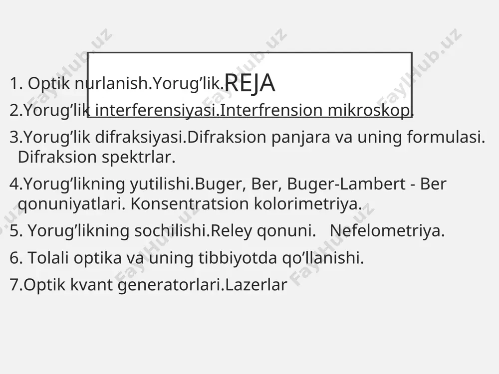 mumkin. undan sanitariya, gigiyena amaliyotida havo tozaligini aniqlashda, korxonalarda, shaxtalarda ishlatiladi. interfrension mikroskop biologiyada tirik bo’lmagan ob’yektlarni kuzatishda interfrension mikroskopdan foydalaniladi.bunda yorug’lik ikkiga ajraladi. bir qismi ob’yekdan ikkinchi qismi uni o’ragan muhitdan o’tadi.ularni sindirish ko’rsatgichlari har xil bo’lganligi uchun nur yo’l farqiga ega bo’ladi. okulyar yaqinida qayta birlashib,o’zaro interfrensiyalaniladi.natijada monoxromatik yorug’lik ta’sirida ob’yekt va muhit o’rtasida yorug’lik kontrasti hosil bo’ladi. yorug’lik difraksiyasi. difraktsiya difraktsiya difraktsiya ixtiyoriy tabiatdagi to’lqinlarning umimiy hossasi doimo mavjud yorug’lik difraksiyasi kuzatilishi uchun to’siqning o’lchami to’lqin uzunligiga teng yoki undan kichik bo’lishi kerak. yorug’lik difraksiyasi bu – yorug’likning to’g’ri chiziqli yo’nalishidan og’ishi bo’lib, to’lqinlarning to’siqni aylanib o’tish hodisasidir. yorug’lik difraksiyasi. difraksiya kuzatiladi – to’lqin uzunligi – to’siq o’lchami difraksiya kuzatilmaydi yorug’lik difraksiyasi. iz-za difraktsii ot otverstiy vixodyat dva chastichno perekrivayushixsya konusa kogerent to’lqinlar iynerferensiyalanadi difraksiya difraksiya burchagi(φ) bilan xarakterlanadi. to’siqning o’lchami kichik bo’lgan sari, difraksiya burchagi(φ) katta bo’ladi. yung tajribasi to’siq chetiga tushayotgan 2 ta nurni ko’raylik. …