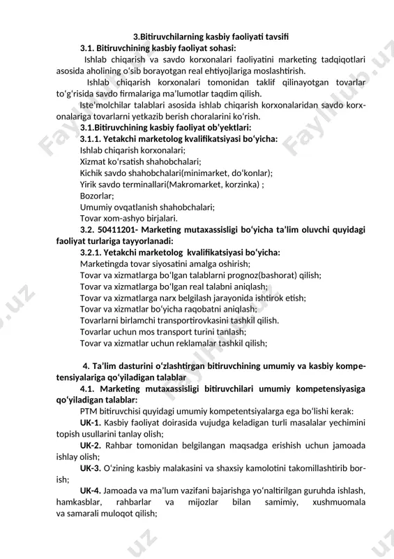 lida professional og‘zaki va yozma muloqot uchun zarur bo‘lgan leksik (3500-4500 leksik birlik) va grammatik minimum; - ishbilarmonlik aloqalari uchun chet tili: ish yozishmalarini yuritish qoidalari, ishbilarmonlik xatlari uslubi va tili, telefon orqali so‘zlashish madaniyati, yozishmalarni yuritish qoidalari va reklama xizmati (mahsuloti)ning taqdimoti; - maxsus terminologik lug‘atlardan foydalanish qoidalari. -o‘rganilayotgan xorijiy tillarning grammatikasi, shu xorijiy mamlakat madaniyati va an’analari, nutq odob-axloq qoidalari; -umumiy va terminologik xarakterdagi 3500-4500o‘quv leksik birliklari miqdoridagi leksik minimum - professional yo‘nalishda chet tilida suhbat (suhbat, muzokaralar) o‘tkazish; - professional mavzular bo‘yicha monologik ma’ruzalar tuzish va bajarish (taqdimotlar, ma’ruzalar, ko‘rsatmalar); - chet tilida ish yozishmalarini olib borish; - sohaga tegishli bo‘lgan ishchi hujjatlarni chet tilida tuzish va rasmiylshatirish; ( reklama e’lonlari uchun chet tilida matnlar tuzish; - lug‘atlar, ma’lumotnomalar va boshqa axborot manbalaridan professional foydalanish; - kompyuterda zamonaviy tarjima dasturlaridan foydalana olish; ( xorijiy tilidan o‘zbek, rus tilidan xorijiy tilga kasbiy xususiyatga ega ma’lumotlarni tarjima qilish; - …