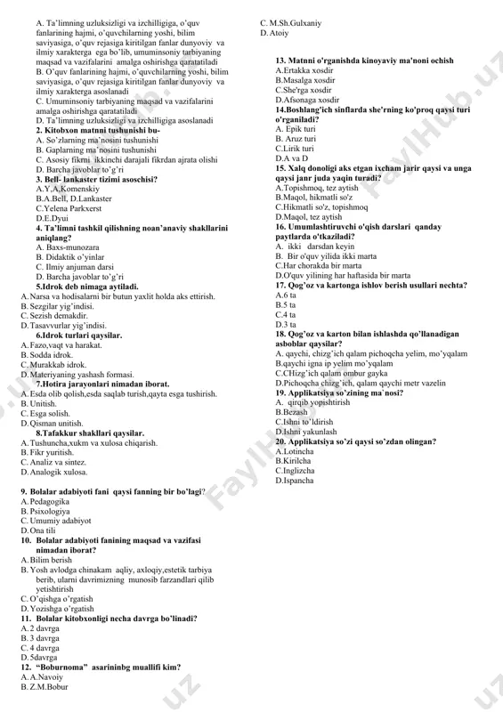 rauf fitrat 13. 50 dan ortiq asarlar muallifi, arab, fors, ingliz va barcha turkey tillarni puxta bilgan professor olim – bu…. a.botu b.mashriq yunusov c.g’ozi olim yunusov d.abdulhamid cho’lpon 14. 80 yoshida diniy kitob o’qishda ayblangan onaxon bibijon ismoilova qayerda yashagan edi? a.gurlan tumani begovul qishlog’i b.chelak tumani xartang qishlog’i c.urgut tumani d.xatirchi tumani 15. abdulla rahimboyevdan avval turkiston miq raisi lavozimida ishlagan siyosiy arbob kim edi? a.t.risqulov b.n.to’raqulov c.s.xo’janov d.i.xidiraliyev 16. aholiga davlat zayomi, pul-buyum lotoreyasi sotish hisobiga qancha miqdorda mablag’ yig’ilib, g’alaba yo’lida sarflangan? a.5 mlrd so’m b.3,5 mlrd so’m c.4,2 mlrd so’m d.6,2 mlrd so’m 17.bmt homiyligida toshkentda afg’oniston mojarosini hal etish bo’yicha "6+2" guruhi yig’ilishi natijasida toshkent deklaratsiyasi qachon qabul qilingan? a.1997-y 15-16-sentabr b.1997-y 17-21-mart c.1999-y 19-20-iyul d.1999-y 11-13-noyabr 18.brest qal’asi mudofasida nechta millat vakillari qatnashgan? a.30 dan ortiq b.40 qa yaqin c.60 ga yaqin d.50 dan ortiq 19.buxoro hukumati faoliyatini taftish qilish, uning yo’l qo’ygan …