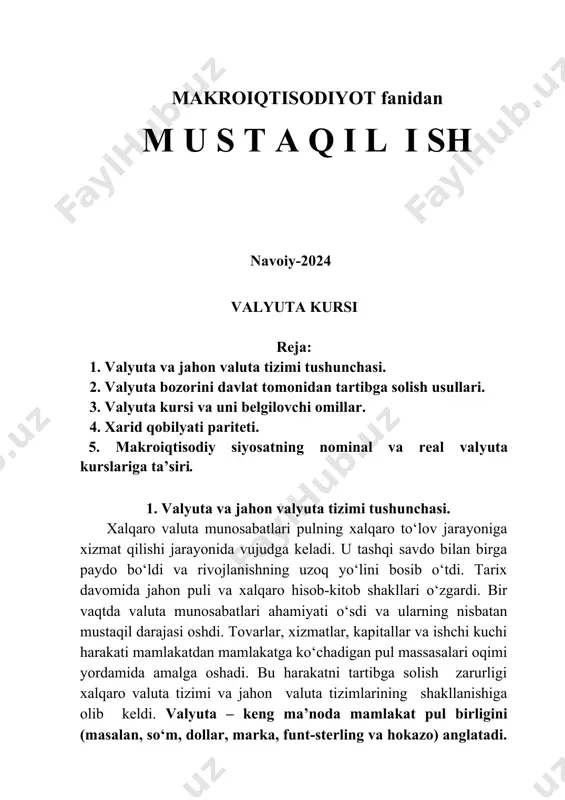 tibga solishdan va shuningdek, bu ishlarni tezlashtirishdan iborat. shunday qilib, jahon valyuta tizimi - bu, xalqaro ayirboshlashning barcha shakllariga xizmat qilishga va ularning samarali rivojlanashini ta’minlashga qaratilgan mamlakatlar o‘rtasidagi valuta munosabatlarining yig‘indisidir. xalqaro iqtisodiy munosabatlarning tarkibiy qismi sifatida u quyidagilarni o‘z ichiga oladi: 1. xalqaro bitimlarda foydalaniladigan to‘lov va kredit vositalarini (oltin, eng rivojlangan mamlakatlarning milliy valutalari, xalqaro pul birliklari); 2. valyuta kurslarini o‘rnatish va saqlab turish mexanizmini; 3. valyuta bozorining ishlash tartibini; 4. xalqaro hisob-kitoblarni amalga oshirish tartib va qoidalarini; 5. valyuta yordamida tartibga solish va nazorat qilish tizimini; 6. valyuta munosabatlarini tartibga solib turuvchi va jahon valuta tizimining barqaror faoliyatini ta’minlovchi xalqaro tashkilotlar tizimi (xalqaro valyuta fondi, umumjahon banki, yevropa tiklanish va taraqqiyot banki). hozirgi zamonda xalqaro hisob-kitoblarda va kreditlashda asosan uch xil ko‘rinishdagi pul vositalari ishlatiladi: · oltin, hozirda o‘zining asosiy to‘lov va hisob-kitob vositasi xususiyatini yo‘qotgan bo‘lsada, ammo ko‘pchilik valuta zahiralarining sezilarli qismini tashkil etadi va …