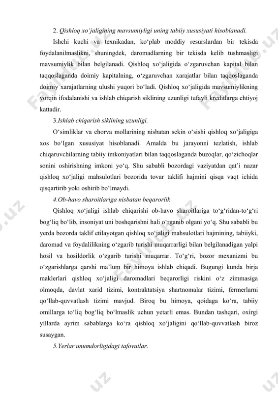n xususiyatlar marketing majmuining barcha elementlari bo‘yicha agrobiznesda marketing faoliyatini tashkil qilishda hisobga olinishi lozim. qishloq xo‘jaligi mahsulotlari bozori erkin raqobat bozori hisoblanadi. ushbu bozorda mustaqil sotuvchilar soni juda ko‘p, demak, narx avtomatik ravishda o‘rtacha darajada belgilanadi va unga alohida sotuvchilar ta’sir ko‘rsata olmaydi. qishloq xo‘jaligi mahsulotlari deyarli bir xil va standart bo‘ladi. shu sababli ishlab chiqaruvchi o‘z tovarini reklama qilishda chegaralangan, u faqat o‘zining mahsulotigagina xos bo‘lgan xislatlarni ajratib ko‘rsatishi qiyin. masalan, barcha boshoqli donlar standart, hech qanday o‘ziga xos xususiyatlarsiz bo‘lishi lozim. qishloq xo‘jaligi mahsulotlari bozorida nisbatan kichik ishlab chiqaruvchilar soni ko‘p, ya’ni ishlab chiqarish xarajatlari pasayib, raqobatbardoshlik aynan katta quvvatlar ishlab chiqarish hisobiga ortadigan miqyos samarasi yo‘q. shunday ekan, ushbu bozorda kiruvchi to‘siqlar yo‘q va unga kirib borish nisbatan oson. qishloq xo‘jaligi ishlab chiqarishida texnologiyalarga patentlar ham yo‘q bo‘lib, bu ham ushbu bozorga kirib borishni yengillashtiradi. ta’kidlash joizki, ushbu bozorga xos bo‘lgan xususiyatlardan biri sezilarli darajada davlat …