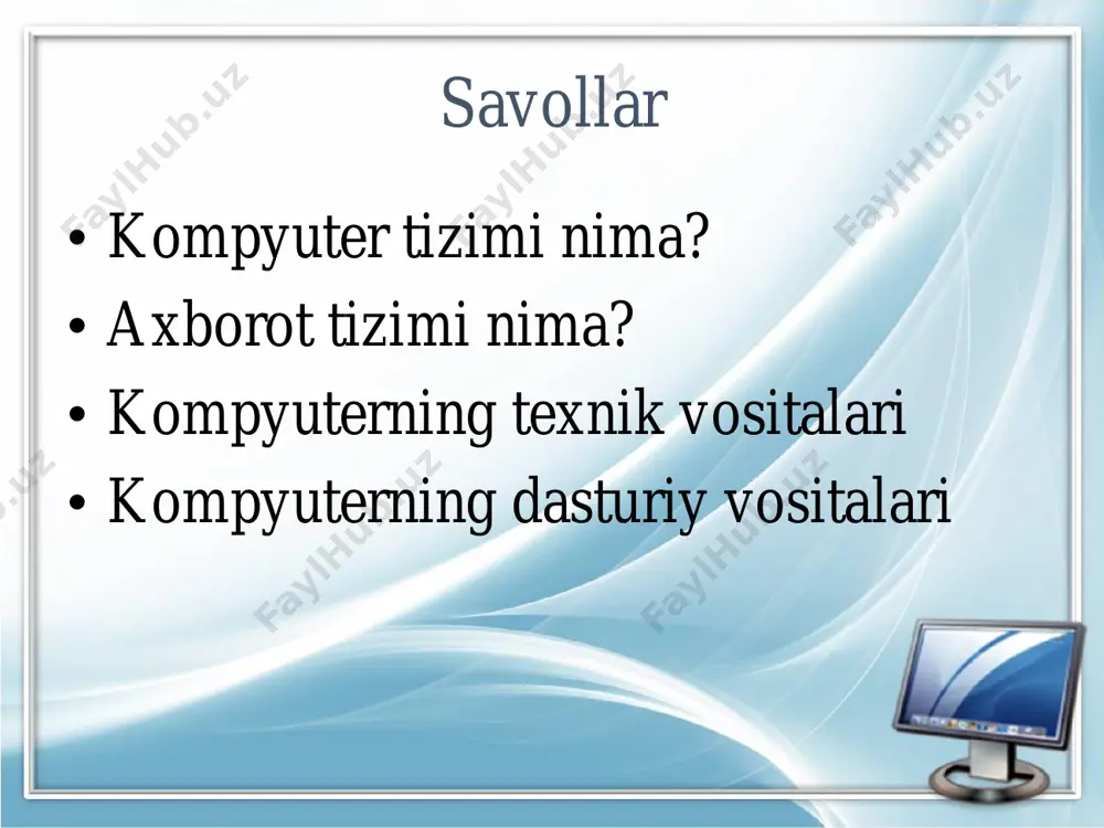 siy kompyuterlar operatsion tizimning asosiy vazifalari: fayl tizimi(fat32, ntfs, cdfs) ni boshqarish (yozish, o‘zgartish, fayllardan nusxa ko‘chirish, erkin foydalanishni nazorat qilish);  dasturlar bajarilishini boshqarish (protsessor vaqtini taqsimlash, dasturlarni diskdan tezkor xotiraga yuklash, yashirin xavfli ta’sirni tutib olish va h.q.);  xotirani boshqarish (keshlash, taqsimlash, ma’lumotlar butligi nazorati va h.k.);  foydalanuvchi bilan muloqot (klaviaturadan, sichqonchadan buyruqlarni o‘qish, axborotni ekranga, printerga chiqarish va h.k.) operatsion tizimning vazifasi operatsion tizimning vazifasi ot tarixi shaxsiy kompyuterlarning operatsion sistemalari yaratilish tarixiga nazar solsak, sakkiz razryadli shaxsiy kompyuterlar uchun yaratilgan birinchi operatsion sistema cp/m – 80 (controll programm for microcomputers, ya’ni mikrokompyuterlar uchun boshqaruvchi dasturlar) nom bilan tanilgan. uning muallifi digital research kompaniyasining prezidenti geri kildell bo’lgan. ot tarixi • 16 razryadli kompyuterlar uchun operatsion sistemalar yaratish jadallashdi va 1981 – yilda shaxsiy kompyuterlar uchun birinchi yaratilgan cr/m operatsion sistemasining ko’p g’oyalarini o’zida mujassamlashtirgan ms dos (microsoft disk operation system) operatsion sistemasi paydo bo’ldi. …