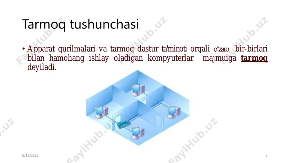 kam xarajat va osonlik bilan ulash imkoniyatini beradi. wan tarmog‘ining kamchiliklari: • tuzilish jaxatidan juda ham murakkab; • past о‘tkazish qobilyatiga ega va ulanishni uzilish xavfi yuqori. 5/12/2025 16 man (shahar tarmog‘i) 5/12/2025 17 man (shahar tarmog‘i) 5/12/2025 18 man tarmog‘ining afzalliklari: • man tarmog‘ida kompyuterlarni bog‘lash kanallari yuqori о‘tkazuvchanlik qobilyatiga egaligi sababli, ma’lumotlarni oson taqsimlash imkoniyatini beradi. • kо‘plab foydalanuvchilar uchun ma’lumotlarni taqsimlashda teng tezkorlik taqdim etadi. man tarmog‘ining kamchiliklari: • birinchi marta foydalanishdan oldin ma’lumot о‘rnatilish va sozlanishlarni talab etadi. • lan tarmog‘iga qaraganda yuqori narxga ega. pan (shaxsiy tarmoq) • mazkur tarmoq о‘rnatilgan ulanish orqali qurilmalar orasida ma’lumot va fayllarni taqsimlash imkoniyatini beradi. 5/12/2025 19 can (campus tarmog‘i) 5/12/2025 20 can (campus tarmog‘i) 5/12/2025 21 can tarmog‘i quyidagi xususiyatlarga ega: • narx nuqtai nazaridan samarali; • kampusdagi turli bо‘limlar о‘rtasida о‘zaro aloqa о‘rnatish imkoniyatini beradi; • ma’lumotlarni taqsimlashda bir xil tezlikni taqdim etadi; • buzilishga chidamli; • …