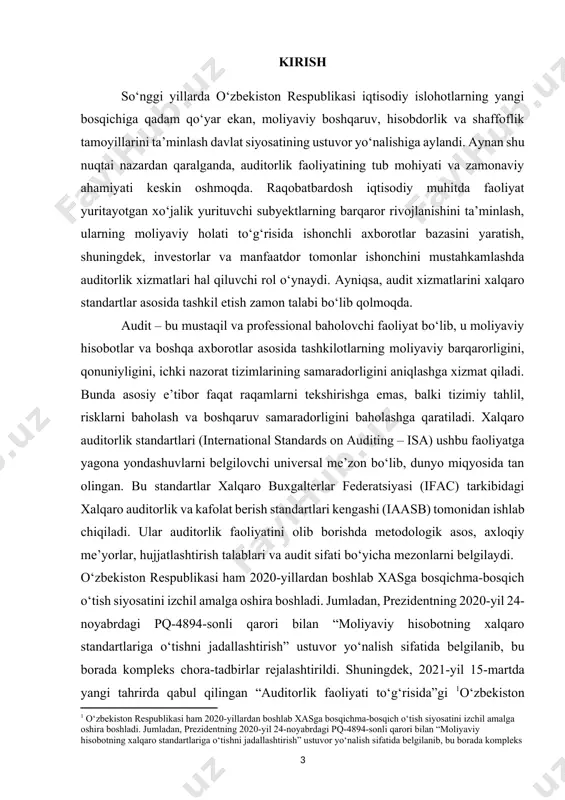 n. bu esa, o‘z navbatida, moliyaviy axborot sifatini oshirish, hisobotlarning taqqoslanadigan, aniqligi tekshirilgan va ishonchli bo‘lishini ta’minlashga xizmat qiladi. auditga xizmat ko‘rsatish deganda auditorlik faoliyatining tor doirada cheklanmagan, balki unga daxldor bo‘lgan maslahat berish, tahlil qilish, moliyaviy tavsiyalar tayyorlash, ichki audit tizimini joriy qilish kabi keng doiradagi xizmatlar tushuniladi. xalqaro standartlar esa aynan ana shu kengaytirilgan faoliyat turlariga yuksak professionallik, metodik aniqlik va etik me’yorlar asosida yondashishni nazarda tutadi. shu jihatdan, xas asosida ko‘rsatilayotgan xizmatlar nafaqat tashqi auditorlik jarayoniga, balki ichki tizimlarni ham tartibga solishga xizmat qiladi. bundan tashqari, hozirgi davrda zamonaviy texnologiyalar, sun’iy intellekt va axborot tizimlarining joriy etilishi auditorlik faoliyatining texnik va metodik jihatdan yangilanishini taqozo qilmoqda. dunyodagi ilg‘or tajribalarga ko‘ra, raqamli transformatsiya auditda chuqur analitik yondashuvlarni, real vaqt rejimida monitoringni va muvofiqlikni avtomatlashtirilgan tahlil asosida aniqlashni ta’minlamoqda. o‘zbekistonda ham auditning raqamlashtirilgan platformalari, masalan, caseware, idea, acl kabi dasturlar joriy etilishi orqali auditorlik faoliyatining samaradorligi oshirilmoqda. kasbiy mas’uliyat, …