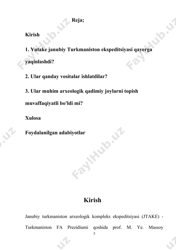 maniston faning 50-y.larda boshlangan (s. a. yershova) va ayniqsa, jtake tomonidan 60-y.larda marv atrofidagi nekropol toʻla tekshirildi. marvda islomga doyr arxeologik yodgorliklar (marvdagi dastlabki masjid, nomozgoh tepa) harobalarini qazib oʻrganmokda (t. xoʻjaniyozov, b. d. kochnev), turkman qabilalari etnogenezi (d. i. ovezov), qad. meʼmorlik uslublari va antik oʻrta asr sanʼati boʻyicha ilmiy tadqiqotlar (g. a. pugachenkova) olib bormoqda. jtakening 860 dan ziyod ilmiy ishlari, "trudi yutake"ning 19 jildi, "jtake materiallari"ning 2 nashri va bir qancha monografiyalar nashr etilgan. 1.yutake janubiy turkmaniston ekspeditsiyasi qayerga yaqinlashdi? arxeologiya ekspeditsiyalari — moddiy madaniyat yodgorliklarini dala-tadqiqot yoʻli bilan oʻrganish uchun tashkil qilinadigan ekspeditsiyalar. ularni ilmiy tadqiqot institutlari, oliy oʻquv yurtlari, muzeylar va ulkashunoslik toʻgaraklari tashkil etadi. koʻpincha, kompleks ravishda tuzilib, tarkibiga arxeologlardan tashqari etnograf, an-tropolog, geograf, tuproqshunos, biolog, botanik va boshqa olimlar kiritiladi. uzoq yillar ishlashga moʻljallanib, mustaqil ishlaydigan otryad va guruhlardan iborat qilib tuziladi. har bir ekspeditsiyaning oʻziga xos nizomi, ilmiy kengashi, max-sus bazasi boʻladi. …