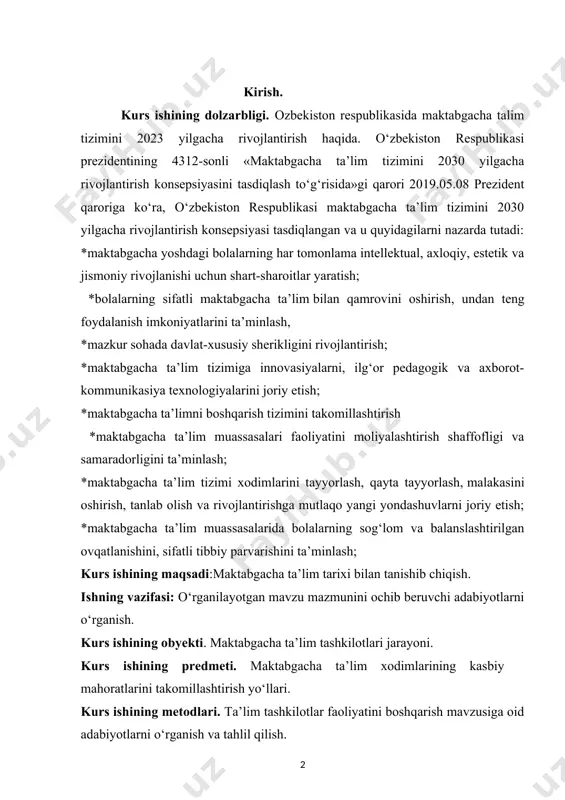 alarida bolalarning sog‘lom va balanslashtirilgan ovqatlanishini, sifatli tibbiy parvarishini ta’minlash; kurs ishining maqsadi:maktabgacha ta’lim tarixi bilan tanishib chiqish. ishning vazifasi: o‘rganilayotgan mavzu mazmunini ochib beruvchi adabiyotlarni o‘rganish. kurs ishining obyekti. maktabgacha ta’lim tashkilotlari jarayoni. kurs ishining predmeti. maktabgacha ta’lim xodimlarining kasbiy mahoratlarini takomillashtirish yo‘llari. kurs ishining metodlari. ta’lim tashkilotlar faoliyatini boshqarish mavzusiga oid adabiyotlarni o‘rganish va tahlil qilish. kurs ishining tuzilishi. kirish, 2bob, 5bo‘lim, xulosa, tavsiyalar, glosariya va foydalanilgan adabiyotlardan iborat. i bob.. maktabgacha ta’lim tizimining rivojlanish tarixi. 1.1. maktabgacha ta’lim tarixi. insonlarni ma’rifiy va ma’naviy barkamollikka munosabatlarini o‘zgartirib borishi natijasida pedagogika fani xalq orasida o‘z mavqeyiga ega bo‘ldi. shu ariqa insonni tarbiyalovchi fan sifatida pedagogika dunyoviy fanlar tizimi qatorida alohida o‘rin egallagan. uning bosh masalasi tarbiyadir . bundan uch ming yil ilgari zardushtiylik dinining muqaddas kitobi “avesto”da ta’lim-tarbiya masalasiga katta ahamiyat berilgan holda uning ibodatxonalari qoshida maktablar tashkil etilib kohinlar tomonidan bolalarning ta’lim tarbiya tizimi ishlab chiqan. bu ta’lim-tarbiya …