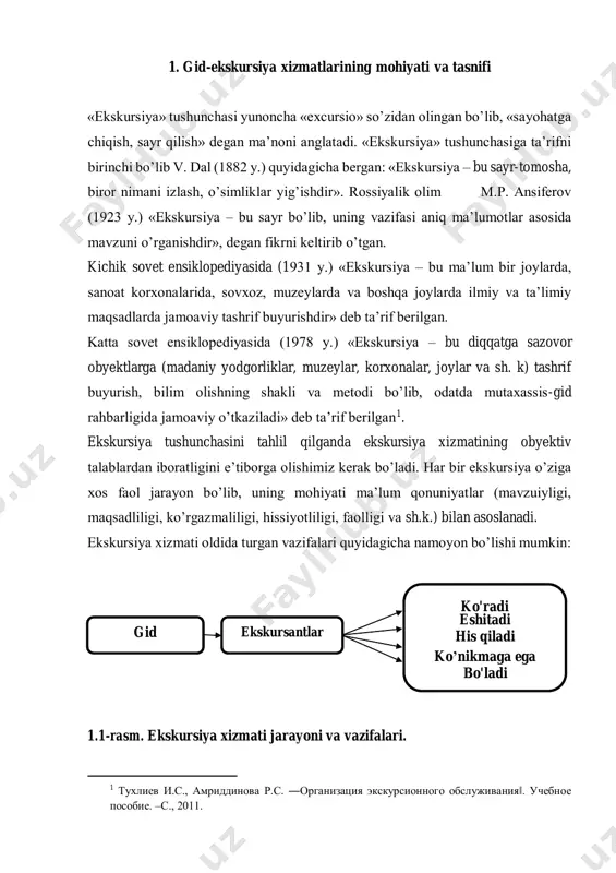 oshqa diqqatga sazovor joylarni ko’rsatish, hikoya qilish jarayonini uslubiy jihatdan tashkil qilishdir. ushbu jarayonda ekskursantlar ko’z oldidagi obyektlar, ular bilan bog’liq voqea-hodisalar malakali mutaxassis-gid tomonidan hikoya va tahlil qilinadi. ekskursiya xizmatining vazifalaridan biri – ekskursantlar ongida ekskursiya mavzusi, tarixiy shaxslar hayoti, voqealar, faktlar va umuman ekskursiya ma’lumotiga bo’lgan munosabatni va mustaqil baho berishni shakllantirishdir. mavzuli ekskursiya xizmati shahar ko’rgazmali ekskursiyasidan o’zining tarkibi, mazmuni, uslub jihatidan murakkabligi bilan farqlanadi. ekskursiyaning rivojlanish yo’li uning mazmun jihatidan o’zgarishi bilan bog’liqdir. avvallari ekskursiya shifobaxsh o’simliklarni izlab topish maqsadidagi sayr deyilgan, keyinchalik unga, masalan, o’lkashunoslik muzeylariga namunalar yig’ish kabi ilmiy maqsadlar qo’yilgan. mustaqil ta’limning yangi shakllarini izlash jarayoni ekskursiya xizmati oldida umumta’limiy maqsadlarni belgiladi. tarbiyaviy ishlarni samaraliroq tashkillashtirish harakatlari ekskursiya xizmatini madaniy-ta’limiy ishlarning biriga aylantirdi. xulosa qilib, ekskursiya xizmatining mazmunini quyidagicha talqin qilishimiz mumkin: ekskursiya xizmati – bu insonlar guruhiga maxsus shakllarda beriladigan bilimlar majmui bo’lib, bilimlarni uzatishda maxsus harakatlar tizimi tanlanadi. har bir ekskursiya …