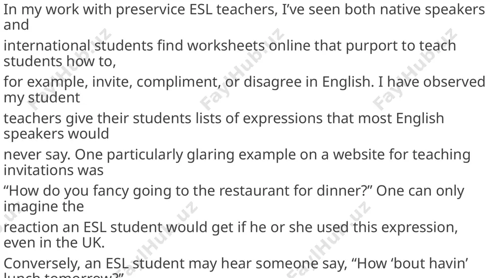 here to materials that were not created for language learning purposes. instead, they were created with some real-life goal for, generally, native speakers. they include both spoken and written language samples. some obvious examples include magazine ads, movie reviews, television shows, conversations between native speakers, train schedules, nutrition labels, and so on, most of which can be found on the internet. two other types of authentic materials that are worth mentioning are children’s books and translated materials. some students, particularly young adolescents, might like activities with simple children’s books. for example, i have a book called les contraires that contains pictures with simple sentences and the opposite words in each sentence highlighted, such as froid and chaud. some children’s books, however, contain low-frequency idioms, puns, and inaccessible cultural information. these books would be less appropriate for beginners some authentic materials are translations of english texts with which your students might …