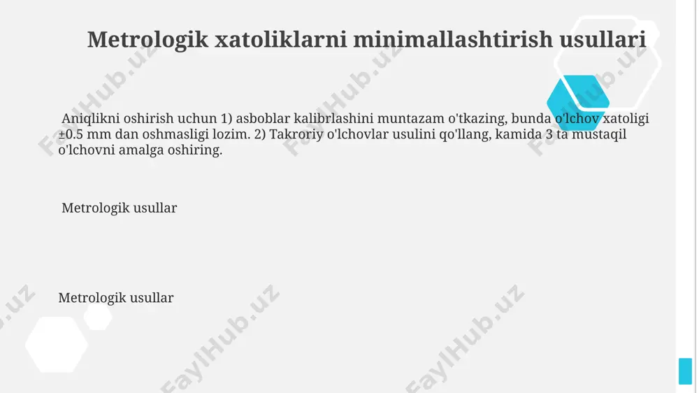 r qiymati 1 kv. metr yerning bozor qiymatini aks ettiradi va yer uchastkasining joylashuvi, maydoni va uning maqsadiga bog'liq holda o'zgarishi mumkin. kadastr baholash - yer uchastkasining qiymatini aniqlash boʻyicha davlat tomonidan tartibga solinadigan jarayon, bu yer soligʻi va ijara haqi kabi toʻlovlarni hisoblash uchun zarur. ma'lumot baholash natijalarining aniqligini baholash natijalarning aniqligi 95% ishonch intervalida baholanadi. baholashda xatoliklar yig'indisi 5% dan oshmasligi kerak. standart og'ish qiymati o'rtacha ko'rsatkichdan 10% gacha farq qilishi mumkin. baholash natijalarining aniqligini baholash baholash aniqligini tekshirish uchun "takroriy baholash" usuli qo'llaniladi. 10% hudud qayta baholanadi, natijalar o'rtasidagi farq 2% dan oshmasligi kerak. xulosa va tavsiyalar xulosa va tavsiyalar kadastr qiymatini aniqlashda 2 ta asosiy metrik ko'rsatkichni (yer turi, joylashuvi) hisobga olish va yer solig'ini hisoblashda ulardan foydalanish, moliyaviy barqarorlikni oshirishga yordam beradi. metrologik usullarni qo'llash orqali kadastr qiymatini oshirish uchun 1-bosqichda kamida 70% maydon qamrab olinishi, shuningdek, shaffoflikni ta'minlash maqsadida baholash natijalari e'lon qilinishi zarur. …