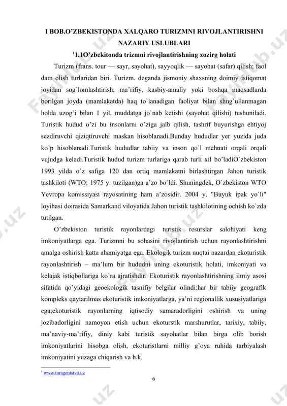 asnifiy belgilar olindi:har bir tabiiy geografik kompleks qaytarilmas ekoturistik imkoniyatlarga, ya’ni regionallik xususiyatlariga ega;ekoturistik rayonlarning iqtisodiy samaradorligini oshirish va uning jozibadorligini namoyon etish uchun ekoturstik marshurutlar, tarixiy, tabiiy, ma’naviy-ma’rifiy, diniy kabi turistik sayohatlar bilan birga olib borish imkoniyatlarini hisobga olish, ekoturistlarni milliy g’oya ruhida tarbiyalash imkoniyatini yuzaga chiqarish va h.k. yuqorida aytib o’tilgan ilmiy prinsip va asoslarga binoan a.nig’matov va n.shomuratovalar o’zbekiston hududini 14 ta ekoturistik rayonga ajratgan..ustyurt - o’zbekistonning shimoliy-g’arbi – qoraqalpog’istonda joylashgan plato (yer yuzasi kam parchalangan yassi tekislik). uning maydoni juda katta (200 ming km2 ), yo’llari asfaltsiz, o’nqir-cho’nqir yo’llardan iborat bo’lgani uchun ham ekoturistik marshurutlar “djip ” rusumdagi mashinalar, samolyot yoki vertolyotlarda olib borilgani maqul. ustyurtning sayyohlarni o’ziga jalb qiladigan ekoturistik obyektlariga :“chink”- dunyoda eng katta va yagona 60-150 metrlik tik qoyali jarlar bilan o’ralgan plato, doimiy oqar suvlarga ega bo’lmagan, lekin yer osti suvlariga ega supasimon tekisligi; davolash xususiyatiga ega bo’lgan juda katta (1000 km2) …