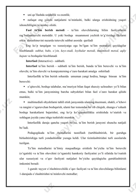 faoliyatini yo’li sifatida ko’rsatish ular xususiyati va o’quv faoliyati natijalari bo’yicha quyidagicha guruhlashtirish imkonini beradi: 1-guruh: tayyor o’zlashtiruvchilik o’quv faoliyati va ta’lim oluvchilarga bilimlarni 1-darajada o’zlashtirishni ta’minlovchi metodlar; 2-guruh: esda qolganlarni tasvirlovchi o’quv faoliyati va ta’lim oluvchilarga bilim va ko’nikmalarni 2-darajada o’zlashtirishni ta’minlovchi metodlar; 3-guruh: muhokama qiluvchi, qisman-izlanuvchilik o’quv faoliyati va ta’lim oluvchilarga bilim va ko’nikmalarni 3-darajada o’zlashtirishni ta’minlovchi metodlar; 4-guruh: mustaqil izlanuvchilik faoliyati hamda 4-darajada bilimlarni o’zlashtirishni ta’minlovchi, metodlar. 2. ta’lim metodlarini tasniflash (ta’lim beruvchi va ta’lim oluvchilar hamkoriy faoliyatini tashkillashtirish yo’li va o’quv faoliyati natijalari asosida) i гуруҳ таълим берувчи: энг кам вақт ичида катта ҳажмдаги ўқув ахборотини етказади ва хотирада қабул қилиш, англаш ва йиғишни ташкиллаштиради таълим олувчилар: хотирага қабул қиладилар, ангалайдилар, йиғадилар, бироқ хатосиз, онгли равишда қайта тикламайдилар ii гуруҳ таълим берувчи: билимларни ўзлаштириш ва мустаҳкамлаш, янги билимларни қидириш, намуна бўйича ҳаракатларни бажариш малака ва кўникмаларни шакллантириш бўйича таълим олувчилар фаолиятини ташкиллаштиради таълим олувчилар: бевосита таълим …