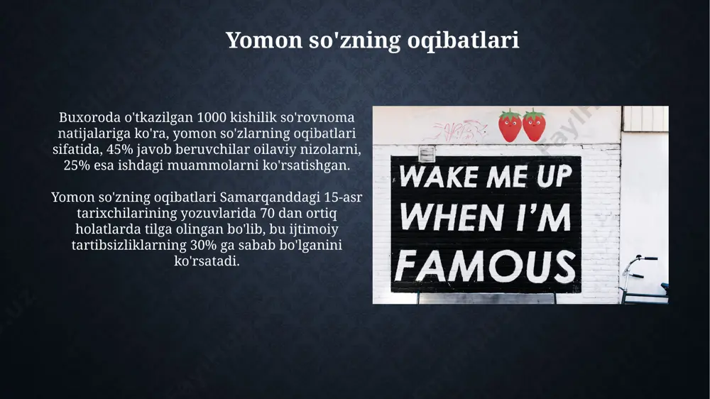 iyligiga, 20 ga yaqin misoli esa taʼsirchanligiga bagʻishlangan boʻlib, samarqand maktabining taʼlimotidan kelib chiqadi. soʻzning taʼsirchanligi va samimiyligini 7-asrning mashhur mutafakkirlari yusuf va khojib oʻz asarlarida 30 dan ziyod maqsadga erishish vositasi sifatida taʼkidlashgan. tilning go'zalligi va ta'siri tilning ta'siri 3 ta asosiy yo'nalishda: ijtimoiy, ruhiy va ma'naviy jihatdan inson hayotini 20% ga o'zgartirishi mumkinligi ta'kidlangan. khojibning "qobusnoma" asarida tilning go'zalligi va ta'siri haqidagi 5 bobi, 11-asr fors adabiyotiga katta ta'sir ko'rsatgan. e'tiborni jalb qilish san'ati “e'tiborni jalb qilish san'ati”da nutqning 3 ta asosiy elementi – 20% mazmun, 30% ohang va 50% tana tili samarqanddagi mashhur notiqlar tomonidan ta'kidlangan. 19-asr oxiri, buxoro shahrida e'tiborni jalb qilish uchun she'riy uslublardan foydalanish, 7 ta turli she'riy o'lchovlarni bilish juda muhim hisoblangan. e'tiboringiz uchun rahmat @taqdimot_robot image2.jpg image3.jpg image4.jpg image5.jpg image6.jpg image7.jpg image8.jpg image9.jpg image10.jpg image11.jpg image12.jpg image13.jpg