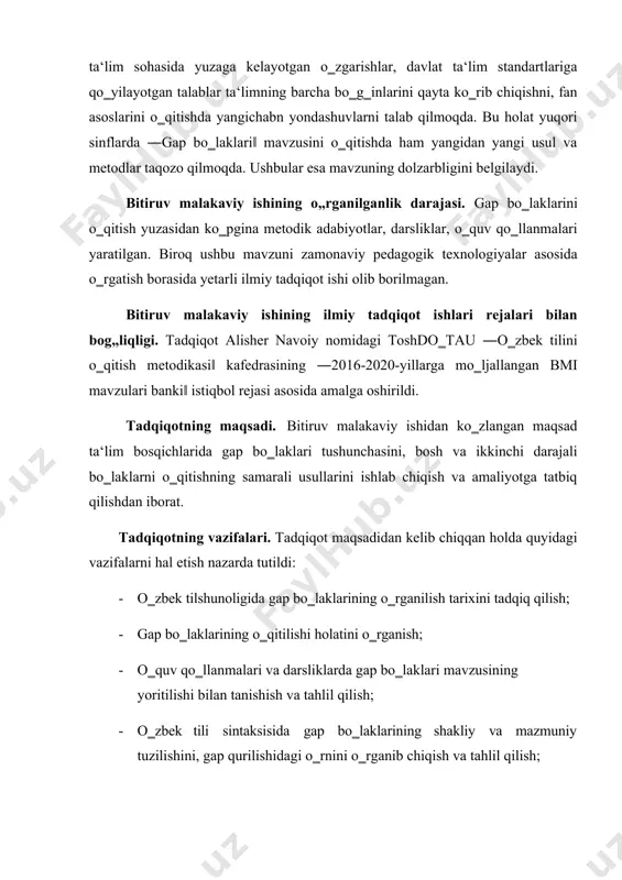 kr-mulohazalari, falsafaning umumiylik- xususiylik, mohiyat- hodisa, butun- qism kabi tushunchalaridan hamda milliy tilshunoslikning shakllanish tarixi, shuningdek, gap bo‗laklari bilan bog‗liq ilmiy tadqiqotlardagi nazariy qarashlar bmiga metodologik asos bo‗lib xizmat qildi. bunda zamonaviy pedagogik metodlar va texnologiyalar asosida tahlillar amalga oshirildi. ishning ilmiy yangiligi. bizga ma‘lumki, ilm-fan - qonuniyatlarini o‗zlashtirish, ko‗nikma - o‗rganilgan bilimlarni turli vaziyatlarda qo‗llay olish, malaka – o‗rganilgan bilim va shakllangan ko‗nikmalarni hayotga tatbiq etish mahorati sanaladi. masalan, tilning grammatikasini o‗rgatish bilan chegaralanib, faqat bilim berilsa, bu bilimni o‗quvchi mustaqil ravishda o‗z nutqida qo‗llay olmasligi mumkin. o‗quvchilarning ham og‗zaki, ham yozma nutqiy malakalarini nazarda tutgan holda gap bo‗laklarini innovatsion pedagogik texnologiyalar asosida o‗qitish ilmiy ishimizning yangiligini hisoblanadi. tadqiqot natijalarining ilmiy va amaliy ahamiyati. bmi dan chiqarilgan xulosalar va natijalar uning amaliy ahamiyatini belgilaydi. ishning yakuniy xulosalari, birinchidan, gap bo‗laklarini o‗qitish samaradorligini oshirish uchun xizmat qilsa, ikkinchi tomondan ta‘lim sifatini yaxshilashga xizmat qiladi. tadqiqotning amaliy ahamiyati quyidagilar bilan belgilanadi: …