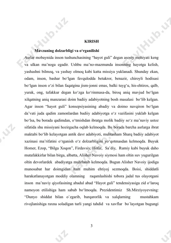 tariqatning “solik-murshid” an’analarining bugungi “ustoz-shogird” tizimga bog‘liqlik jihatlarini tadqiq qilish ilmiy qiziqish uyg‘otadi. mazkur bitiruv malakaviy ishi ayni masalani kichik tadqiqiga bag‘ishlanadi. mazkur mavzuni i.sulton, s.g‘aniyeva, n.komilov, h.homidiy, s.rafiddinov, s.olimov kabi o‘zbek adabiyotshunos olimlari va tadqiqotchilari tomonidan ham o‘rganilgan bo‘lib, bugungi kunga kelib alisher navoiy ijodida tasavvuf, tariqat yo‘li masalasining o‘rganilishi davom etmoqda. bitiruv malakaviy ishining maqsadi. bitiruv malakaviy bitiruv ishi alsiher navoiy ijodiga mansub “xamsa” hamda “lison uttayr” dostonlarida naqshbaniylik tariqati tartib-qoidalarining poetik ifodasini tahlil qilish hamda xulosalar berishdan iborat. bitiruv malakaviy ishining vazifalari: · xo‘jagon (naqshbadiylik) tariqatiga bir nazar solish; · naqshbandiylik g‘oyalarining navoiy ijodididagi o‘rni va ahamiyatini aniqlash; · “xamsa” dostonlarida “solik-murshid” munosabatining ifodalanishida navoiy mahoratini kuzatish; · “lison ut-tayr” dostonida tasavvufning yetti bosqichini belgilash; · yosh avlod ma’naviy kamoloti uchun tariqatni o‘rgatish afzalliklarini ko‘rsatishdan iborat. bitiruv malakaviy ishining obyekti. alisher navoiyning “xamsa” hamda “lison uttayr” dostonlari asosida naqshbandiylik tariqatinining tartib-qoidalarining poetik ifodasini tekshirishdan iborat. bitiruv malakaviy …