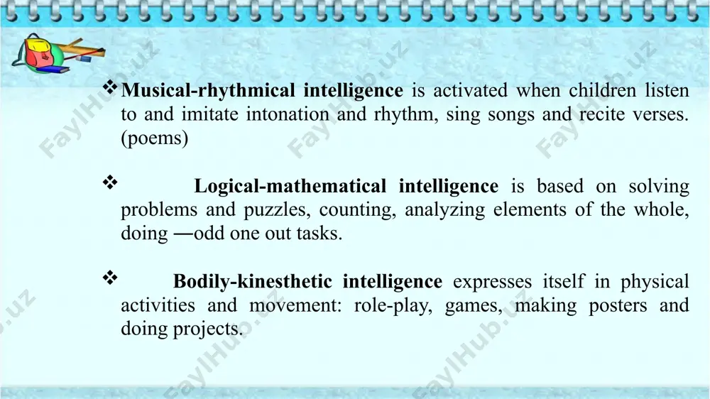 when children listen to and imitate intonation and, sing songs and recite verses? a) musical rhythmical intelligence b) visual intelligence c) bodily-kinesthetic intelligence d) interpersonal intelligence 3. what is based on solving problems and puzzles, counting, analyzing elements of the whole, doing ―odd one out tasks? a) musical rhythmical intelligence b) logical-mathematical intelligence c) visual intelligence d) bodily-kinesthetic intelligence 4. … expresses itself in physical activities and movement: role-play, games, making posters and doing projects. a) visual intelligence b) logical-mathematical intelligence c) musical - rhythmical intelligence d) bodily-kinesthetic intelligence 5. …. is necessary in pair and group work, games and team activities. a) interpersonal intelligence b) bodily-kinesthetic intelligence c) logical-mathematical intelligence d) musical-rhythmical intelligence 6. … is based on silent individual work and self-reflection. a) intrapersonal intelligence b) interpersonal intelligence c) bodily-kinesthetic intelligence d) musical-rhythmical intelligence 7. what is the main principle of essential methods of teaching efl to young …
