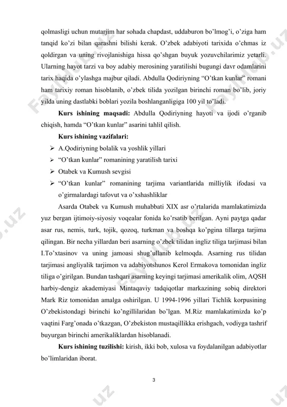 izda ko’p vaqtini farg’onada o’tkazgan, o’zbekiston mustaqillikka erishgach, vodiyga tashrif buyurgan birinchi amerikaliklardan hisoblanadi. kurs ishining tuzilishi: kirish, ikki bob, xulosa va foydalanilgan adabiyotlar bo’limlaridan iborat. i bob. abdulla qodiriyning hayoti va ijodi 1.1 a.qodiriyning bolalik va yoshlik yillari. abdulla qodiriy 1894-yil 10-aprelda bog’bon oilasida dunyoga keldi. “boshida boy oilada tug’ildimmi yoki kambag’al oiladami, albatta, bilmadim, – deb yozadi a.qodiriy, – ammo yoshim 7-8ga yetgach, qornim oshga to’ymog’onidan, ustim tuzukroq kiyim ko’rmaganidan aniq bildimki, besh jonning tomog’i faqat 80 yoshli bir chol otamning mehnatidan, 1300 sarjin bog’ning yozda yetishtirib beradigan hosilidan kelar ekan. agar bahor yomon kelib, bog’ mevalari ofatga uchrab qolsa, biz ham ochliqqa duch kelib, qishi bilan jovrashib chiqar ekanmiz”. abdulla bolaligidayoq zehni o’tkir, o’qish-o’rganishga mehr-ishtiyoqi baland bo’lgan. ammo oiladagi moddiy muhtojlik tufayli bir oz kechikib, 9-10 yoshlarida maktabga boradi. ikki-uch yil eski maktabda o’qigach, 12 yoshida uni oiladagi nihoyatda qashshoqlik vajidan bir boyga xizmatchilikka beradilar. xo’jayin savdogar …
