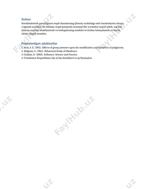 og‘lom ijtimoiy muhitni shakllantirish va boshqalarning noadolat ta’siridan himoyalanish yo‘llarini ishlab chiqish mumkin. foydalanilgan adabiyotlar 1. asch, s. e. (1951). effects of group pressure upon the modification and distortion of judgments. 2. milgram, s. (1963). behavioral study of obedience. 3. cialdini, r. (2001). influence: science and practice. 4. o‘zbekiston respublikasi oliy ta’lim darsliklari va qo‘llanmalari. /docprops/thumbnail.jpeg