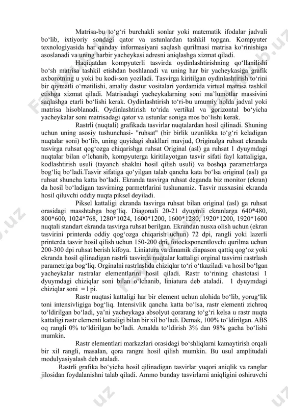 yoriy chiziqni ifodalash mumkin. kesma y=kx+b bilan ifodalanadi va uni ifodalash uchun k va b parametrlardan tashqari kesmaning boshlang‘ich va oxirgi nuqtalarni berish kerak. ikkinchi tartibli egri chiziq. bu chiziqlarga parabola, giperbola, ellips, aylana ya’ni ikkinchi tartibli tenglamalar bilan ifodalanuvchi chiziqlar kiradi. ikkinchi tartibli chiziqlar bukilish nuqtalariga ega emas. to‘g‘ri chiziqlar ikkinchi tartibli chiziqlarning xususiy holidir. ikkinchi tartibli chiziqlar umumiy holda quyidagi tenglama bilan ifodalanadi: demak ikkinchi tartibli cheksiz egri chiziqni ifodalash uchun 5 ta parametrni berish kifoya. agar egri chiziq kesmasini hosil qilish kerak bo‘lsa yana ikkita parameter qo‘shiladi. vektorli grafika ob’ektlari. tasvir diskret elementlarga bo‘linadi va ularning har biri o‘zining aniq joylashuv o‘rniga ega bo‘ladi. buning uchun esa mos keladigan koordinatalar sistemasi talab etiladi. koordinata (lotincha so‘zdan olingan bo‘lib co-birgalikda, ordinates-tartiblangan ma’noni bildiradi)- bu sonlar to‘plarni bo‘lib, tekislikda, sirtda yoki fazodagi nuqtaning o‘rnini aniqlaydi. to‘g‘ri burchakli koordinata nuqtalari o‘zaro perpendikulyar bo‘lgan ikkita to‘g‘ri chiziq bo‘lib, ular o‘q deb …