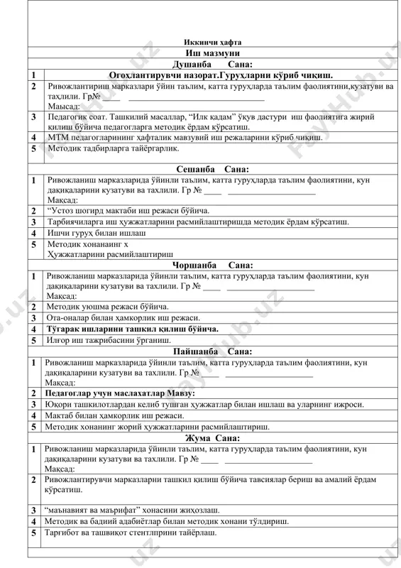 дик хонани тўлдириш. 5 тарғибот ва ташвиқот стентлприни тайёрлаш. учинчи ҳафта иш мазмуни душанба сана: 1 огоҳлантирувчи назорат. 2 ривожлантириш марказлари ўйин таълим, катта гуруҳларда таълим фаолиятини,кузатуви ва таҳлили. гр№ ____ _______________________________ маысад: 3 педагогик соат. ташкилий масаллар, “илк қадам” ўқув дастури иш фаолиятига жирий қилиш бўйича педагогларга методик ёрдам кўрсатиш. 4 мтм педагогларининг ҳафталик мавзувий иш режаларини кўриб чиқиш. 5 методик тадбирларга тайёргарлик. сешанба сана: 1 ривожланиш марказларида ўйинли таълим, катта гуруҳларда таълим фаолиятини, кун дақиқаларини кузатуви ва тахлили. гр № ____ ____________________ мақсад: 2 мтм мусиқа раҳбари билан ишлаш 3 педагоглар билан ўз устида ишлаш бўйича суҳбатлашиш, янги методик қўлланмалар билан танишиб чиқиш. 4 “соғлом авлод” давлат дастури. 5 педагогларга якка тартибда методик ёрдам кўрсатиш чоршанба сана: 1 ривожланиш марказларида ўйинли таълим, катта гуруҳларда таълим фаолиятини, кун дақиқаларини кузатуви ва тахлили. гр № ____ ____________________ мақсад: 2 гуруҳларда предметли ривожлантирувчи мухитни яратиш бўйича ўрганиш. 3 ўйин таълим фаолиятини …