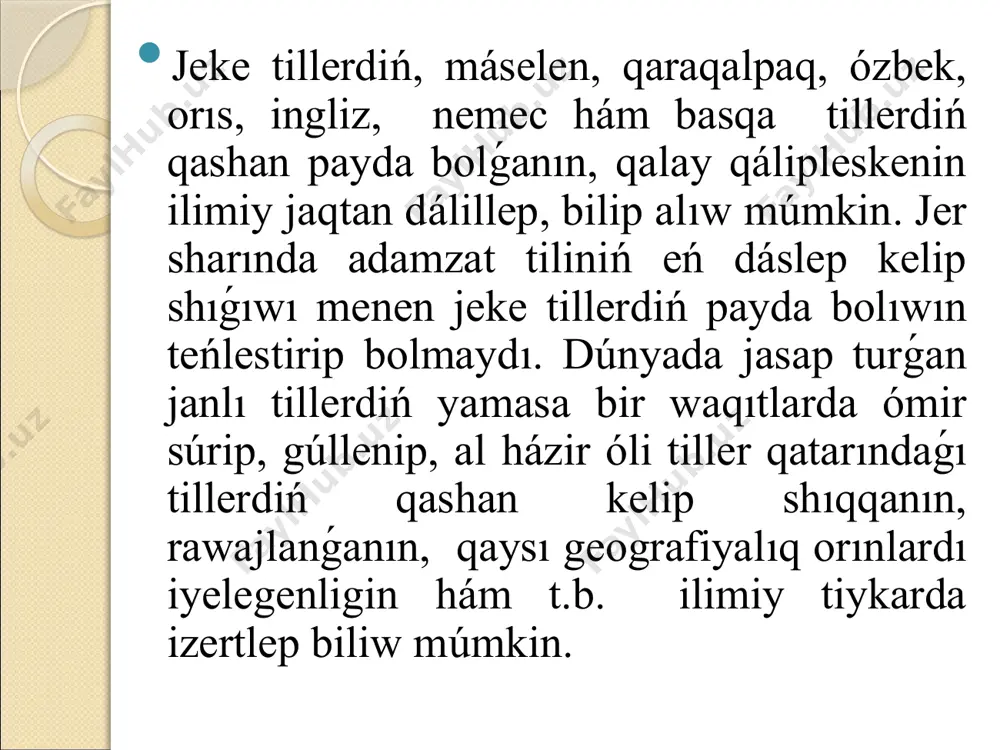 maqsetinde zatlardıń ózlerin alıp júriwden hám belgili alıslıqqa jetkeriwden yamasa saqlawdan góre olardıń súwretlerin paydalanıw anaǵurlım qolaylı hám ańsatıraq bolǵan. mine, usınnan jazıwdıń tiykarı salınǵan. jazıwdıń eń baslaması, eń áyyemgi jazıw-súwret jazıwı bolǵanlıǵı ádebiyatlarda tastıyıqlanadı. zatlıq simvolika haqıyqat jazıwǵa shekemgi oǵada ápiwayı belgilerdiń sisteması bolǵan. onday belgiler sistemasın jazıw qatarına kirgiziw qıyın. solay da ondaylardı jazıwǵa shekemgi «jazıw», jazıwdıń aldındaǵı baslama dep qaraw múmkin. jazba tańbalardıń qanday til birliklerin ańlatıwı jaǵınan olardı fonogrammalar hám ideogrammalar dep atalatuǵın úlken eki toparǵa bóliw múmkin. birewi (fonogramma) tildiń mánilik tárepi menen tikkeley baylanıslı bolmastan, tek tildiń seslik birligin yamasa sóylewdiń seslik ayırmashılıǵın sesleniw (zvuchaniya) arqalı ańlatadı. ekinshisi (ideogramma) -máni ańlatıwshı til birliklerin sesleniwi jaǵınan emes, olardı (mánili tillik birliklerdi) tikkeley ańlatatuǵın jazba tańbalar. jazba tańbalardıń rawajlanıw tariyxına, qaysılarınıń eń áyyem, al qaysılarınıń sońıraq payda bolıw izbe-izligine qaray jáne til birliklerin gúńgirt (abstrakt) hám anıq (konkret) túrde kórsetiwine qaray, qanday til birligin ańlatıwına qaray …
