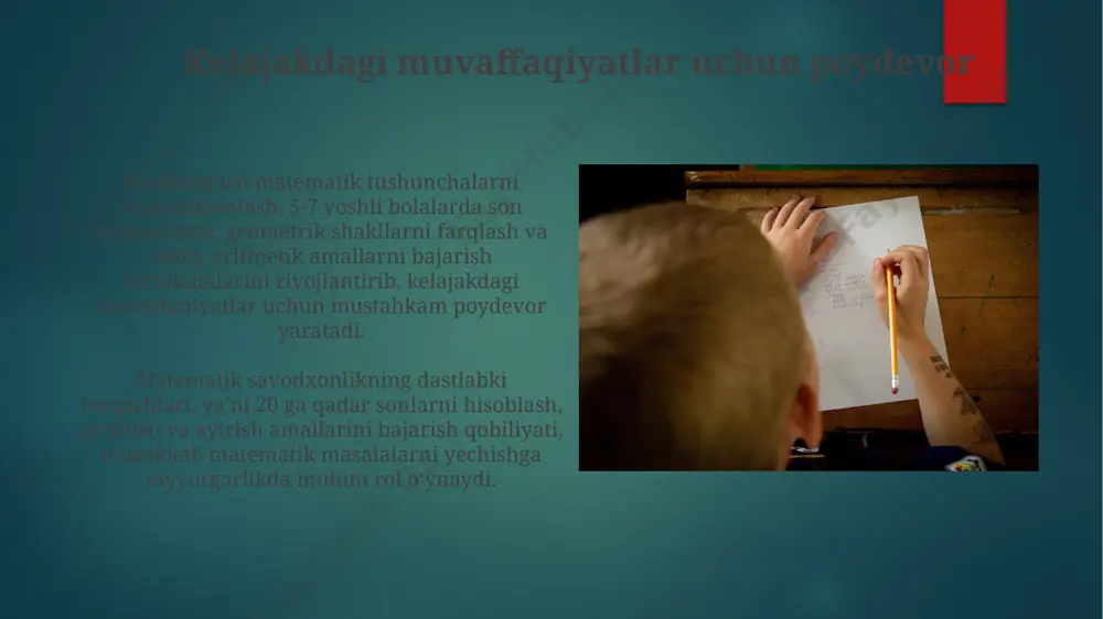 bolalarni maktabga tayyorlashda 5-7 yoshli bolalarning matematik asoslarini, raqamlarni, shakllarni va miqdorlarni tushunishini rivojlantirish kiradi. matematik terminologiya va yozuvlar geometrik shakllar – kvadrat, toʻrtburchak, doira kabi tushunchalarni bilish, maktabda geometriya fanini oʻrganish uchun zarur boʻlgan makon va shakl haqidagi dastlabki tasavvurlarni shakllantiradi. boshlangʻich matematikada 1 dan 10 gacha sonlarni toʻgʻri yozish va talaffuz qilish, keyinchalik murakkab hisob-kitoblarni oʻzlashtirish uchun muhim poydevor hisoblanadi. baholash va monitoring matematik ko‘nikmalarni baholash va monitoring qilishda kamida 3 xil usuldan foydalanish, masalan, o‘yinlar, kuzatishlar va testlar, ob’ektiv natijalarga erishishga yordam beradi. baholash jarayonida bolaning 5 yoshgacha bo‘lgan matematik bilimlarini, masalan, shakl va ranglarni aniqlash, sonlarni hisoblash kabi ko‘nikmalarini baholash muhim ahamiyatga ega. miqdorlarni taqqoslash va oʻlchash 3 yoshli bolalar 5 ta olma bilan 2 ta olma orasidagi farqni tushunib, miqdorlarni taqqoslash koʻnikmasini rivojlantirishlari mumkin, bu esa keyinchalik matematik tenglamalarni echishga tayyorgarlik koʻradi. miqdorlarni taqqoslash va oʻlchash koʻnikmalari bolalarda mantiqiy fikrlashni, muammolarni hal qilish qobiliyatini rivojlantiradi …