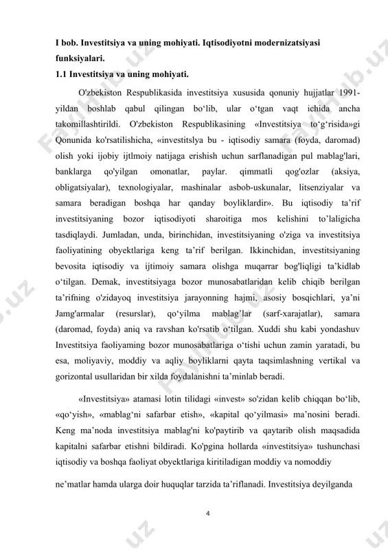 ozor munosabatlaridan kelib chiqib berilgan ta’rifning o'zidayoq investitsiya jarayonning hajmi, asosiy bosqichlari, ya’ni jamg'armalar (resurslar), qo‘yilma mablag’lar (sarf-xarajatlar), samara (daromad, foyda) aniq va ravshan ko'rsatib o‘tilgan. xuddi shu kabi yondashuv investitsiya faoliyaming bozor munosabatlariga o‘tishi uchun zamin yaratadi, bu esa, moliyaviy, moddiy va aqliy boyliklarni qayta taqsimlashning vertikal va gorizontal usullaridan bir xilda foydalanishni ta’minlab beradi. «investitsiya» atamasi lotin tilidagi «invest» so'zidan kelib chiqqan bo‘lib, «qo‘yish», «mablag‘ni safarbar etish», «kapital qo‘yilmasi» ma’nosini beradi. keng ma’noda investitsiya mablag'ni ko'paytirib va qaytarib olish maqsadida kapitalni safarbar etishni bildiradi. ko'pgina hollarda «investitsiya» tushunchasi iqtisodiy va boshqa faoliyat obyektlariga kiritiladigan moddiy va nomoddiy ne’matlar hamda ularga doir huquqlar tarzida ta’riflanadi. investitsiya deyilganda barcha turdagi milliy va intelektual boyliklar tushunilib, ular tadbirkorlik faollyati obyektlariga yo'naltirilib, daromad keltirishi yoki biror-bir ijobiy samaraga erishishi zarur. investitsiya kiritishdan asosiy maqsad daromad olish va ijobiy ijtimoiy samaraga erishishdir. investitsiya kiritishda, avvalo: - investitsiya faoliyati subyektlarining mustaqilligi va tashabbus- korligining …