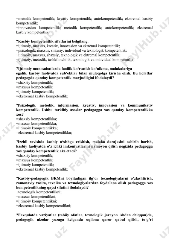 imoiy, metodik, tashkilotchilik, texnologik va individual kompetentlik; ?ijtimoiy munosabatlarda faollik koʻrsatish koʻnikma, malakalariga egalik, kasbiy faoliyatda sub'ektlar bilan muloqotga kirisha olish. bu holatlar pedagogda qanday kompetentlik mavjudligini ifodalaydi? =shaxsiy kompetentlik; =maxsus kompetentlik; +ijtimoiy kompetentlik; =ekstremal kasbiy kompetentlik; ?psixologik, metodik, informasion, kreativ, innovasion va kommunikativ kompetentlik. ushbu tarkibiy asoslar pedagogga xos qanday kompetentlikka xos? =shaxsiy kompetentlikka; +maxsus kompetentlikka; =ijtimoiy kompetentlikka; =ekstremal kasbiy kompetentlikka; ?izchil ravishda kasbiy oʻsishga erishish, malaka darajasini oshirib borish, kasbiy faoliyatda oʻz ichki imkoniyatlarini namoyon qilish negizida pedagogga xos qanday kompetentlik aks etadi? +shaxsiy kompetentlik; =maxsus kompetentlik; =ijtimoiy kompetentlik; =ekstremal kasbiy kompetentlik; ?kasbiy-pedagogik bkmni boyitadigan ilgʻor texnologiyalarni oʻzlashtirish, zamonaviy vosita, texnika va texnologiyalardan foydalana olish pedagogga xos kompetentlikning qaysi sifatini ifodalaydi? +texnologik kompetentlikni; =maxsus kompetentlikni; =ijtimoiy kompetentlikni; =ekstremal kasbiy kompetentlikni; ?favqulotda vaziyatlar (tabiiy ofatlar, texnologik jarayon ishdan chiqqan)da, pedagogik nizolar yuzaga kelganda oqilona qaror qabul qilish, toʻgʻri harakatlanish malakasiga egalik. ushbu malakalarga egalikni ifodalovchi kompetentlikka xos sifat – …