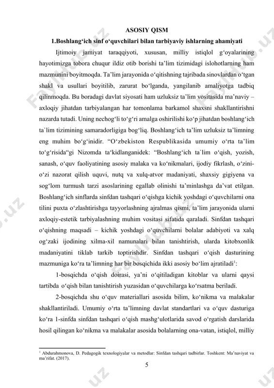 yg‘ularini oʻstiradigan kitoblarni o‘qib berish orqali mustaqil mamlakatimiz, uning goʻzal shaharlari, qishloqlari, milliy urf-odatlari, qadriyatlari, oʻtmishi, insonlarning orzu-istaklari bilan tanishtiriladi. ularda bilimga havas uygʻotadi. 2-sinfda oʻquvchilar kichik hajmdagi asarlarni oʻqituvchining yordami va topshirigʻi asosida mustaqil oʻqishga o‘tadilar. bu sinfda 2 haftada bir marta sinfdan tashqari o‘qish darsi oʻtkaziladi. ona – vatan va ota-bobolar jasorati, oʻsimliklar, qushlar hamda hayvonlar haqidagi asarlarni oʻqituvchi topib, tanlab oʻquvchilarga oʻqishga tavsiya etadi. 3 va 4- sinflarda sinfdan tashqari oʻqish mashg‘ulotlarida oʻquvchilarning mustaqil oʻqishlari uchun kishilarning hayoti, yorqin tasvirlangan, ularning ma’naviy- axloqiy turmush tarzi aks ettirilgan badiiy va ilmiy-ommabop asarlar tavsiya etiladi[footnoteref:2]. [2: karimova, s. pedagogik mahorat. toshkent: yangi asr avlodi. (2020).] 3-4 sinflarda sinfdan tashqari oʻqish darslari ikki haftada bir marta oʻtkaziladi. bu sinflarda oʻqituvchi sinf kutubxonasida kerakli boʻlgan o‘quvchilar yoshiga mos kitoblarni toʻplashni. sinfdan tashqari oʻqish burchagi turlicha bezalishi mumkin. bunda oʻqituvchi va oʻquvchi hamkorlikda ish olib boradi. badiiy va ilmiy-ommabop asarlar mustaqil ravishda …