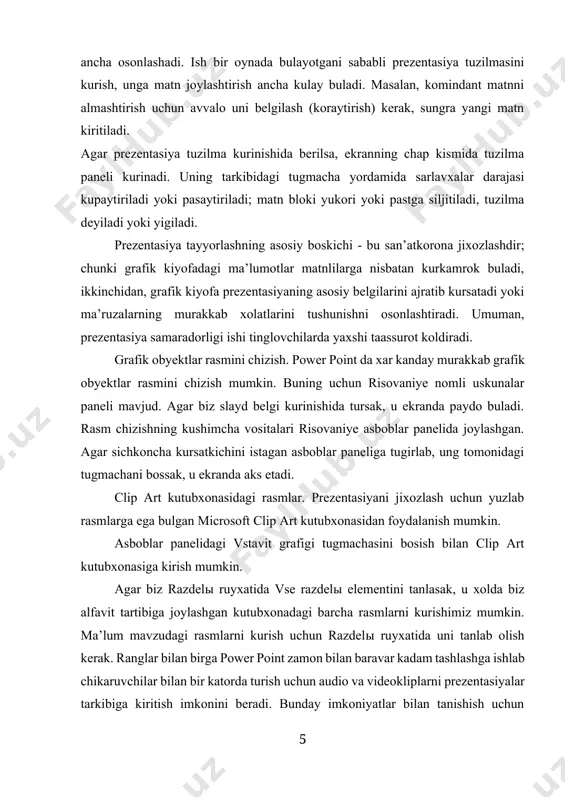 rish uchun razdeli ruyxatida uni tanlab olish kerak. ranglar bilan birga power point zamon bilan baravar kadam tashlashga ishlab chikaruvchilar bilan bir katorda turish uchun audio va videokliplarni prezentasiyalar tarkibiga kiritish imkonini beradi. bunday imkoniyatlar bilan tanishish uchun maxsus apparatura - video va audio kartalar, yaxshi displey va yukori sifatli akustik sistema, audio va videofayllar kerak buladi. power point ning boshka amaliy dasturlar bilan uzaro alokasi bizning prezentasiyamizda elektr jadvalini kullash uchun excel word dasturlarining yordami kerak buladi, chunki jadvalni boshka joyda tuzib prezentasiyamizga joylashtirish mumkin. word - jadvalni power point da ishlatish. biz power point da jadval tuzishni kuramiz. lekin agar jadval word da tuzilgan bulsa. uni prezentasiyada kullash mumkin, xatto kerak xam . ole deb atalgan sheki tomonlama xarakat magistrali imkoniyatidan foydalanib, word jadvalni slayd bilan boglash mumkin. ole kiskartirlgan suz bulib obyektlarni boglash va tadbik etish (object linking and embedding) mazmunini anglatadi. dasturdagi windows oynaadagi faylni ikkinchi …