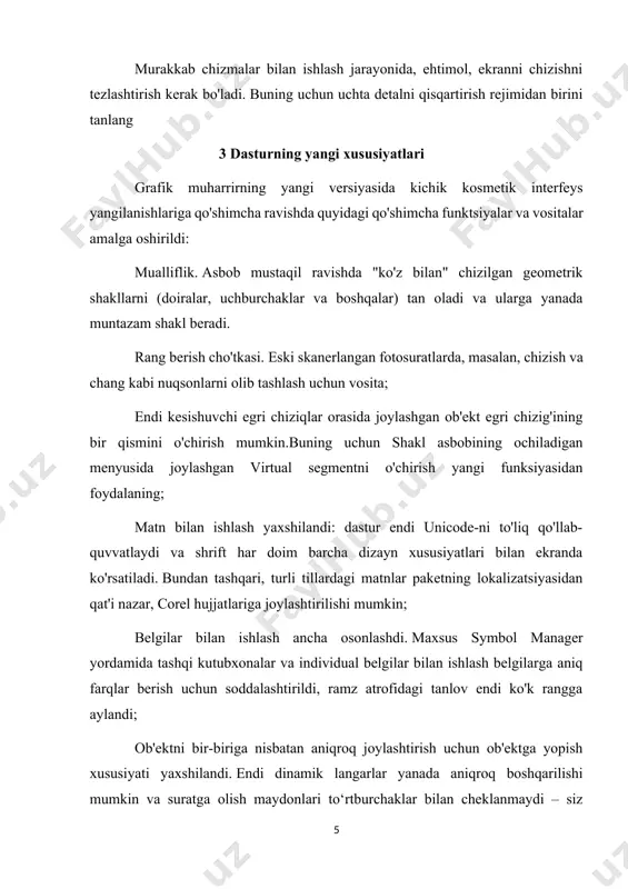 ishlaydi; windows 9x seriyali operatsion tizimlari qo'llab-quvvatlanmaydi. foydalanilgan adabiyotlar 1. burlakov m.v. "coreldraw 12", sankt-peterburg 2004 yil, 682-bet; 2. melnichenko v.v; legeyda a.v. "coreldraw graphics suite 12", moskva 2004 yil, 523-bet; 3. mironov d.f. "coreldraw 10", sankt-peterburg 2001 yil, 444-bet; 4. mironov d.f. "coreldraw 12. o'quv kursi", sankt-peterburg 2005 yil, 442-bet; 5. sergeev a.p.; kushchenko s.v. kompyuter grafikasi asoslari. adobe photoshop va coreldraw - ikkitasi bittada. self-repetitor”, moskva 2006 yil, 544-bet; 6. smolina m.a. coreldraw12. self-repetitor”, moskva 2005 yil, 592-bet; 1