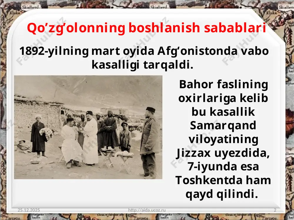 qo‘zg‘olon turkiston mustamlaka ma’muriyatini jiddiy tashvishga soldi. u hukumatga politsiya shtatini ko‘paytirish va jazo vakolatlarini yanada kengaytirish haqida murojaat qildi. 21.08.2020 http://aida.ucoz.ru 9 sankt-peterburg turkiston general-gubernatorining iltimosini qondirib, o‘lkada «mirshablik holati»ni joriy etishga ruxsat berdi. mustamlakachilar uchun keng vakolatlar berildi. 21.08.2020 http://aida.ucoz.ru 10 turkiston general-gubernatori «kuchli muhofazada» deb e’lon qilingan joylarda majlis-yig‘inlarni tarqatish, savdo-sanoat korxonalarini yopish, matbuot organlarini taqiqlash, istalgan odamni surgun qilish, jarima solish va boshqa huquqlarni oldi. 21.08.2020 http://aida.ucoz.ru 11 toshkent. eski shahar «favqulodda muhofazada» deb e’lon qilingan joylarda esa butun hokimiyat general-gubernator yoki u tayinlagan bosh noib qo‘liga o‘tdi. 21.08.2020 http://aida.ucoz.ru 12 ushbu qo‘zg‘olonning bostirilishida mustamlakachilar o‘z manfaatlari yo‘lida xalqning urf-odatlari, diniy e’tiqodi, milliy qadriyatlarini toptashdan ham qaytmasligini ko‘rsatdilar. 21.08.2020 http://aida.ucoz.ru 13 umuman olganda, mustamlakachilar har qadamda o‘zlarining o‘lkada hokim va istilochi ekanliklarini mahalliy aholiga namoyish qildi. 21.08.2020 http://aida.ucoz.ru 14 image2.jpeg image3.jpeg image4.jpg image5.png image6.png image7.jpeg image8.jpeg image9.jpg image10.jpg image11.jpg image12.jpeg image13.jpeg image14.jpeg image15.jpeg image16.jpeg image1.jpeg