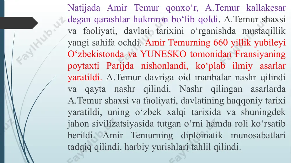 va chingizxonning to‘rt ulusi haqida umumiy ma’lumotlar beriladi. 2) asosiy qism (a.temurning o‘z tarixi). muallif ma’lumotidan ko‘rinadiki, bu tarixiy asar sharafiddin alini saroyiga taklif qilgan shohruhning o‘g‘li ibrohim sulton tashabbusi bilan yozilgan. shoh o‘zining bobosi haqida maxsus kitob yaratishni istadi va u 822 (1419-1420 yy.) sohibqiron a.temur haqida ma’lumotlar to‘plash haqida farmon berdi. muqaddimada bu jarayon quyidagicha tasvirlangan. to‘plangan ma’lumotlar shohidlarning og‘zaki hikoyalari bilan taqqoslangan, so‘ng sharafiddin ali yazdiy bu ma’lumotlar bilan tanishib chiqib, ibrohim sultonga ular haqida fikrini aytgan, shundan so‘ng u «zafarnoma» kitobini yozishga kirishgan. «zafarnoma» yozilish vaqtining tarixiy xronologiyasi haqida. gap shundaki, asarning boshlanishi (1418-1419) va tugatilishi (1424-1425) haqida ali yazdiy hamda zamondoshlari tomonidan berilgan ma’lumotlar bor. lekin muallif asar ustida ishlashni davom ettirganmi, axir 1454 yilgacha yashaganku? ha, muallif asar ustida ishlashni davom ettirgan. bu haqda quyidagi ma’lumot bor: bugungi kunda sharq tarixshunoslariga «zafarnoma» ning 1436-1437 yy. sanasi bilan bitilgan qo‘lyozmasi ma’lum. demak, 840 yilda «zafarnoma» …