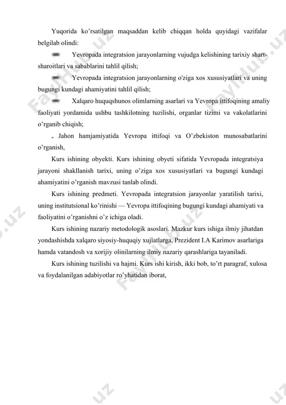 asi natijasida vujudga kelgan va hozirgi davrda dunyo siyosiy va iqtisodiy hayotida o’/jga xos o’rin tutayotgan yi ning paydo bo’lish tarixi va sabablariga nazar tashlaydigan bo’lsak, yevropa davlatlarining iqtisodiy, siyosiy va harbiy birlashuvi haqidagi dastlabki fikrlar xiii-xiv asrlarda vujudga kelgan. yevropa davlatlari orasida ittifoq tuzish haqidagi dastlabki fikrlar fransuz prokurori pier de buy va chex qiroli joann podebradlarga tegishli bo’lsa, fransuz yozuvchisi viktor gyugo, ingliz olimlari villiam penni, jon beller va nemis faylasufi immanuil kantlar bu fikrning rivojlanishida o’ziga xos xissalarini qo’shishgan. g’arbiy yevropada integrallashuvga urinish birinchi marła 1948 yida bo’lib o’tgan, bunda ‘marshall rejasi”ni amalga oshirishni osonlashtirish uchun aqsh tomonidan qo’llab-quvvatlangan yevropa iqtisodiy hamkorlik tashkiloti tułiladi. ammo bu tashkilot yetarli iqtisodiy o’sishni ta’minlay olmagani uchun hamkorlikning yangi tizimi shakllana boshlandi, ‘taniqli fransuz ilmiy maktabi konsepsiyasiga binoan halqaro munosabatlar sohasidagi "umumiy bozor" o’z ichiga quyidagilarni olishi kerak edit 1. tovarlar, kapitał va odamlarning iqtisodiy erkin ko’chib yurishini ta’minlashi; 2. turli …
