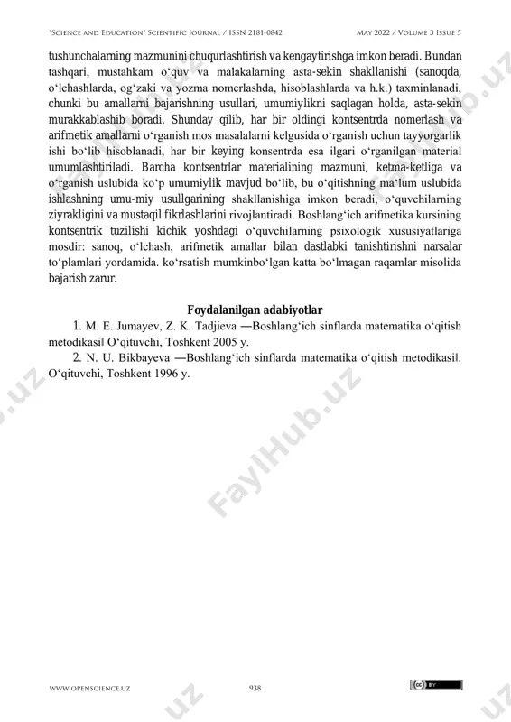 amlangan: eng muhim tushunchalar (son, sanoq sistemasi, arifmetik amallar)ni shakllantirishning birmuncha mukammal sistemasi ko‘zda tutilgan. shuningdek, arifme-tikani boshlang‘ich o‘rganish uslubi ham mukammallashtirilgan. kichik yoshdagi o‘quvchilarni o‘qitishning barcha bosqichlaridan ularning fikrlash faoliyatlarini aktivlashtirishga, tayin faktlar va kuzatishlarni o‘z vaqtida umumlashtirishga, ayrim masalalar orasidagi o‘zaro bog‘lanishni tayinlashga, bolalarda mustaqil ishlash o‘quvlarini paydo qilishga qaratilgan yangi ilmiy asoslangan usul va uslublari maktab dasturiga kiritilgan. o‘quv materialini o‘quv yillari bo‘yicha taqsimlanishida o‘rganilayotgan sonlar sohasining asta-sekin kengayib borishi ko‘zda tutiladi: i sinf «1 dan 20 gacha sonlar», ii sinf «1 dan 100 gacha sonlar», iii sinf «1 dan 1000 gacha sonlar», iv sinf «1 dan 1 000000 gacha sonlar». nomerlash va arifmetik amallarga doir material kontsentrlarga bo‘lib o‘rganiladi. hammasi bo‘lib beshta kontsentr ko‘zda tutiladi: o‘nlik, ikkynchi o‘nlik, yuzlik, minglik, ko‘p xonali sonlar (boshlang‘ich maktabda -million ichida). har gal yangi sonli material asosida nomerlash va amallar bajarishga qayta-qayta murojaat etish eng muhim arifmetik "science and education" …