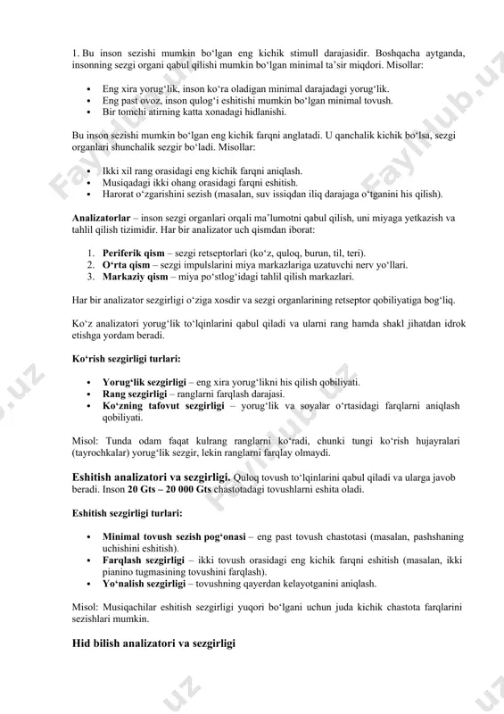 a ifodalaydi. sezgirlik kuchi qo`zg`atuvchining absolyut qiymatiga emas, balki qo`zg`atuvchi kuchining logarifmiga proportsionaldir. g.fexner absolyut va farq qilish chegaralarini o`lchashning bir necha metodlarini taklif qildi. bunday metodlardan biri minimal o`zgaruvchilar yoki chegara metodi deb yuritiladi. bu metodning mohiyati uning nomidan ko`rinib turibdiki, oldindan tayyorlangan qo`zg`atuvchilar shunday berib boriladiki, ular bir-biridan minimal darajada farq qilishini aniqlash mumkin bo`ladi. qo`zg`atuvchi goh ortib, goh kamayib boruvchi tartibda beriladi. har bir turkum qo`zg`atuvchilar tartibi javoblarning o`zgarishi bilan belgilanadi. («ha», «yo`q», «ko`ryapman», «ko`rmayapman»). odatda sezgirlikni o`lchash kamayib boruvchi qo`zg`atuvchilar berib borishdan boshlanadi. qo`zg`atuvchining ta`siri sezilmay qolguncha davom ettiriladi. ortib boruvchi qator uchun ham shunday tartibda o`tkaziladi. tajribaning har bir qismi 6 martadan 15 tagacha takrorlanadi. sezgirlikning absolyut chegarasi sifatida ularning o`rtacha arifmetik qiymati (m) olinadi. bu yerda rl - o`rtacha sezgirlikning absolyut chegarasi, l - har bir o`suvchi va kamayuvchi qo`zg`atuvchilar qatorining chegara qiymati, n - qo`zg`atuvchilar qatorining umumiy soni. tekshiriluvchilar javoblarining variativligi o`rtacha kvadratik …